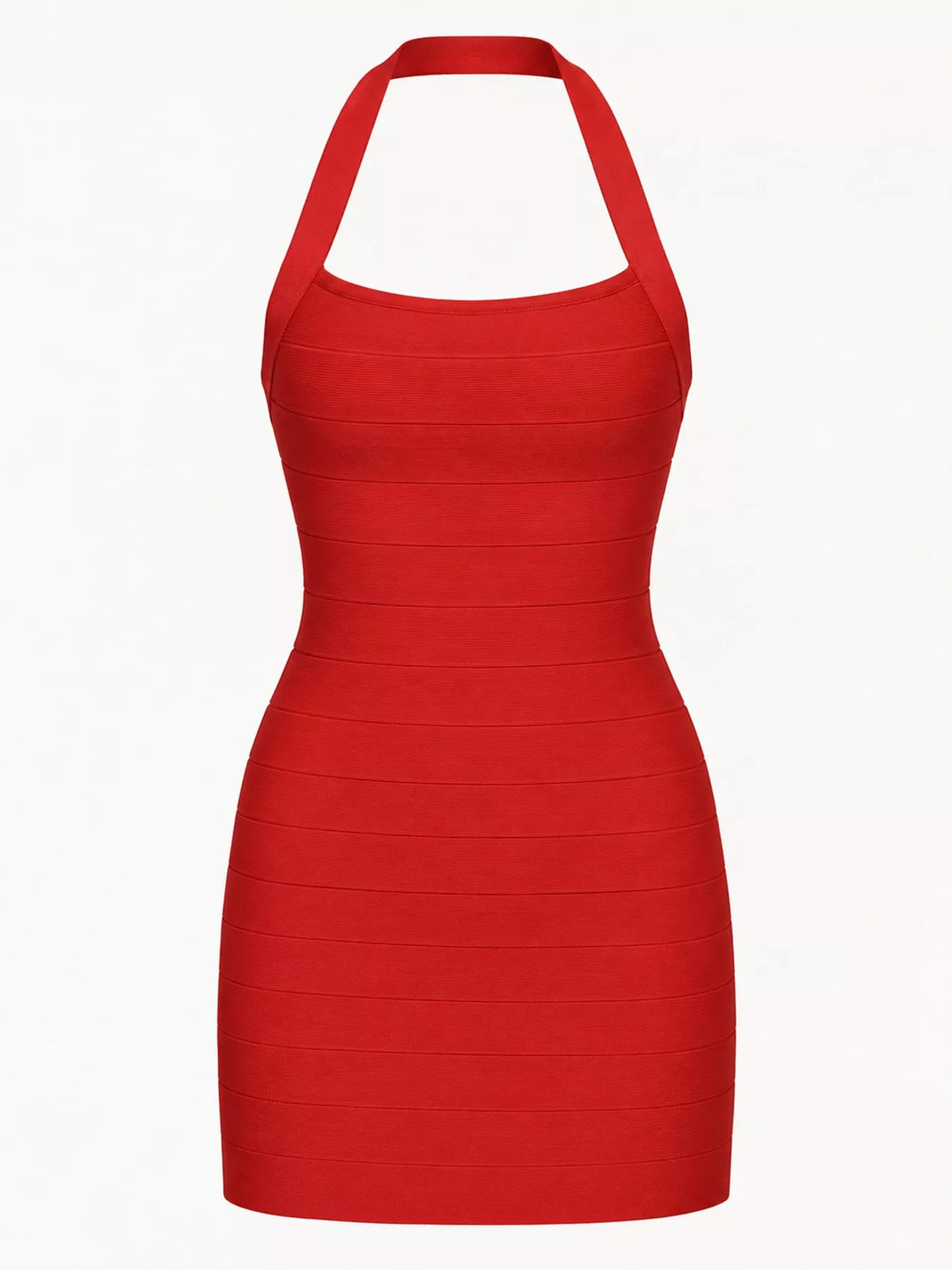 Red halter neck bodycon dress, front view