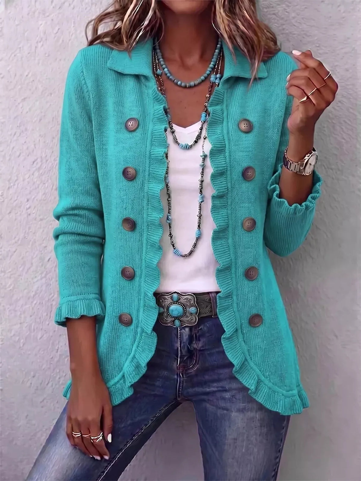 Green ruffle-trim button-front cardigan