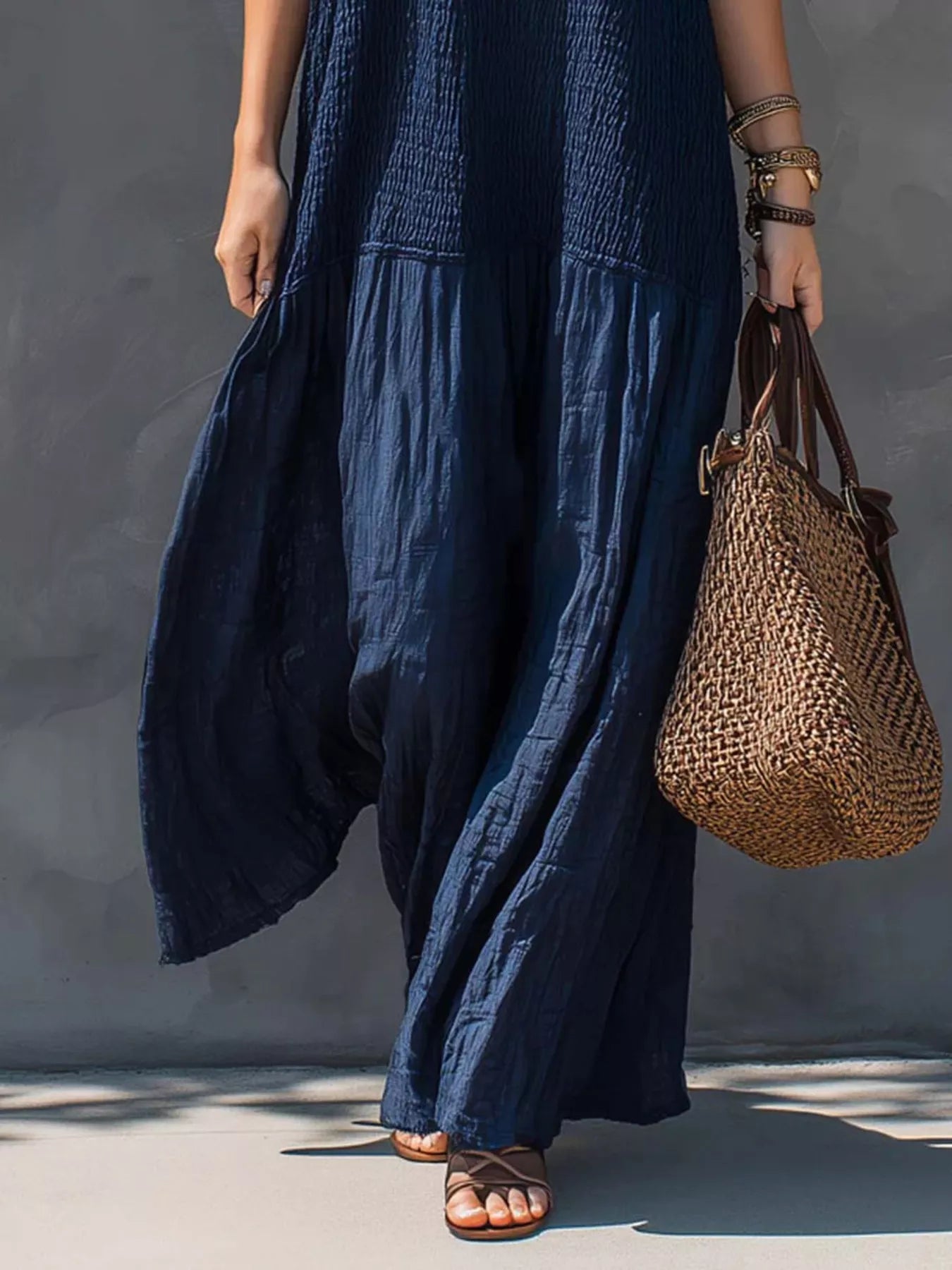 Trendsi Sleeveless Smocked V-Neck Casual Maxi Dress -