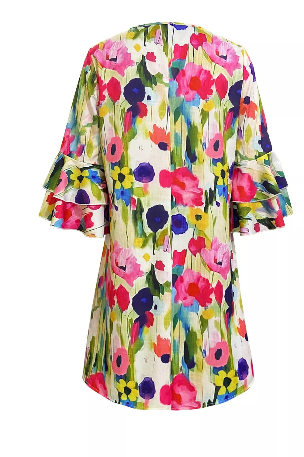 Trendsi V-Neck Ruffle Sleeve Floral Print Mini Dress -