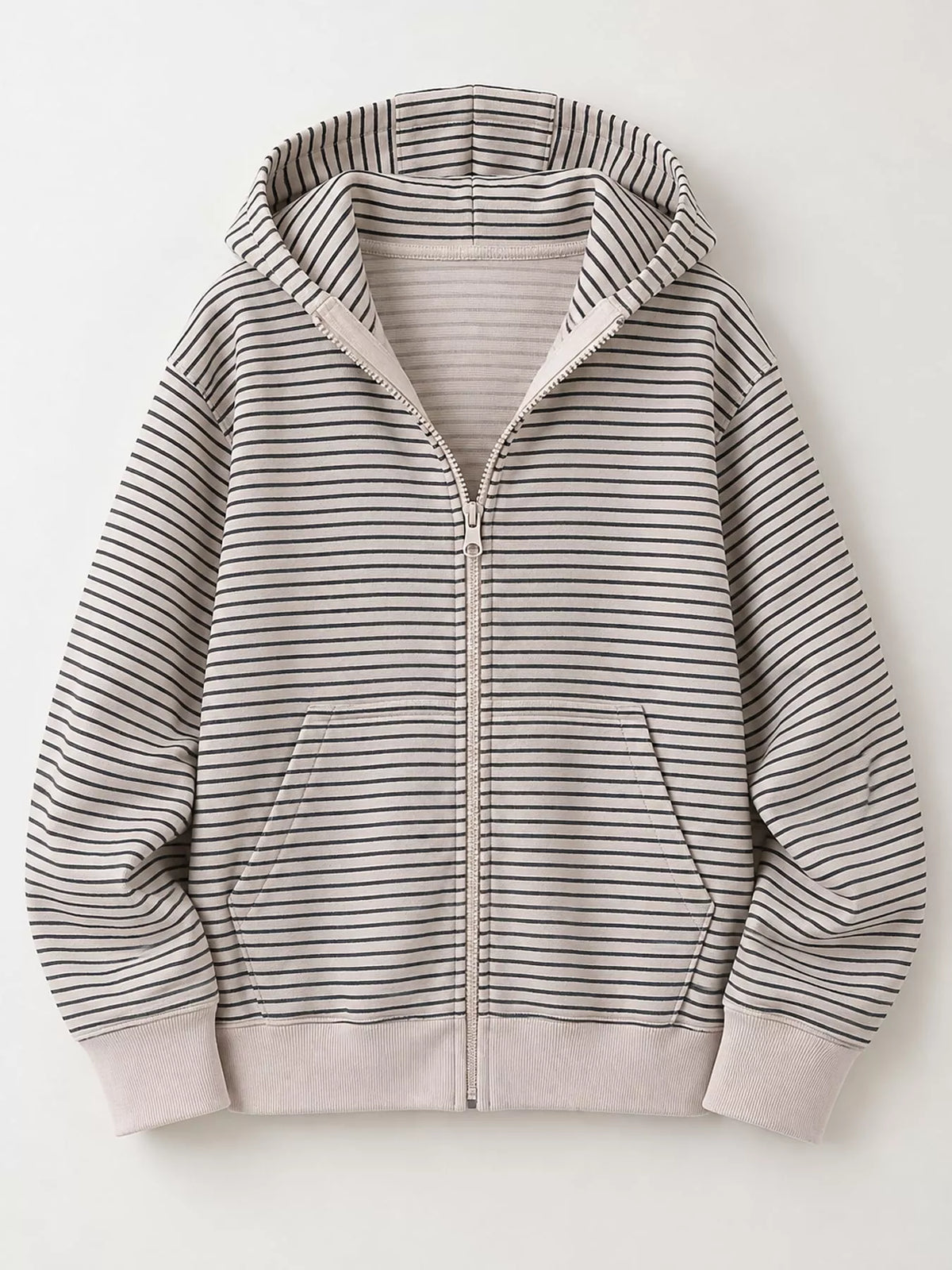 Cream and gray striped zip-up hoodie