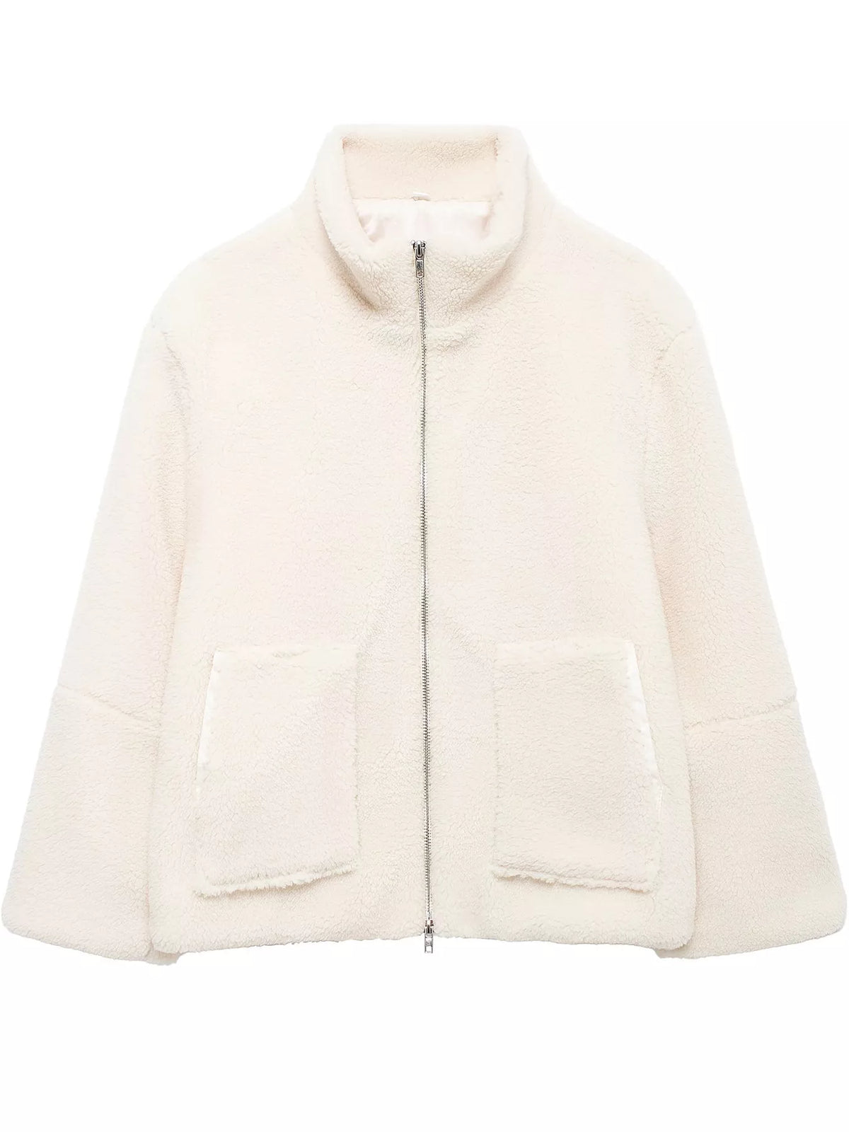 Beige oversized sherpa fleece zip-up jacket