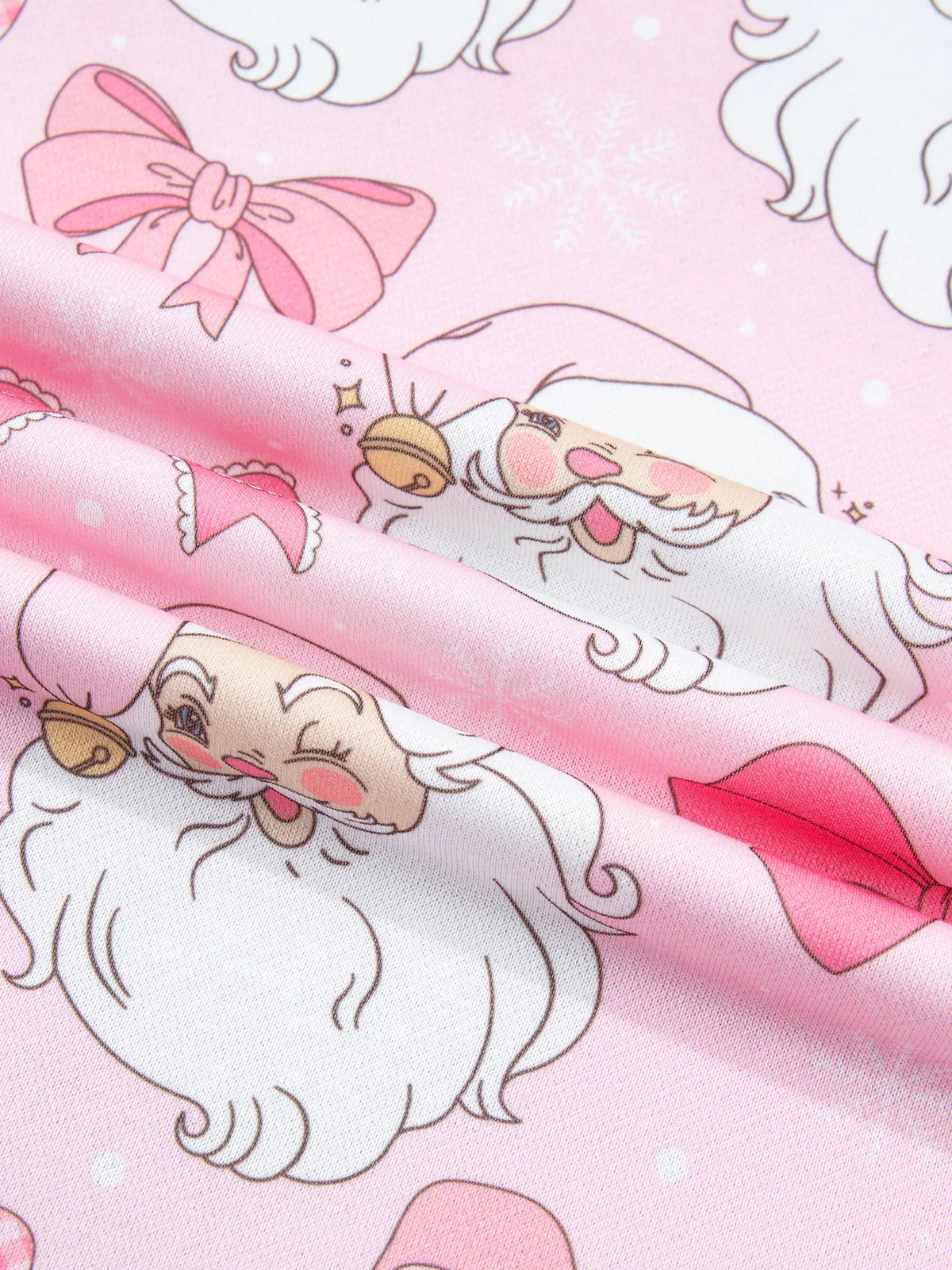Santa-and-bow sweatshirt, santa bow print close up