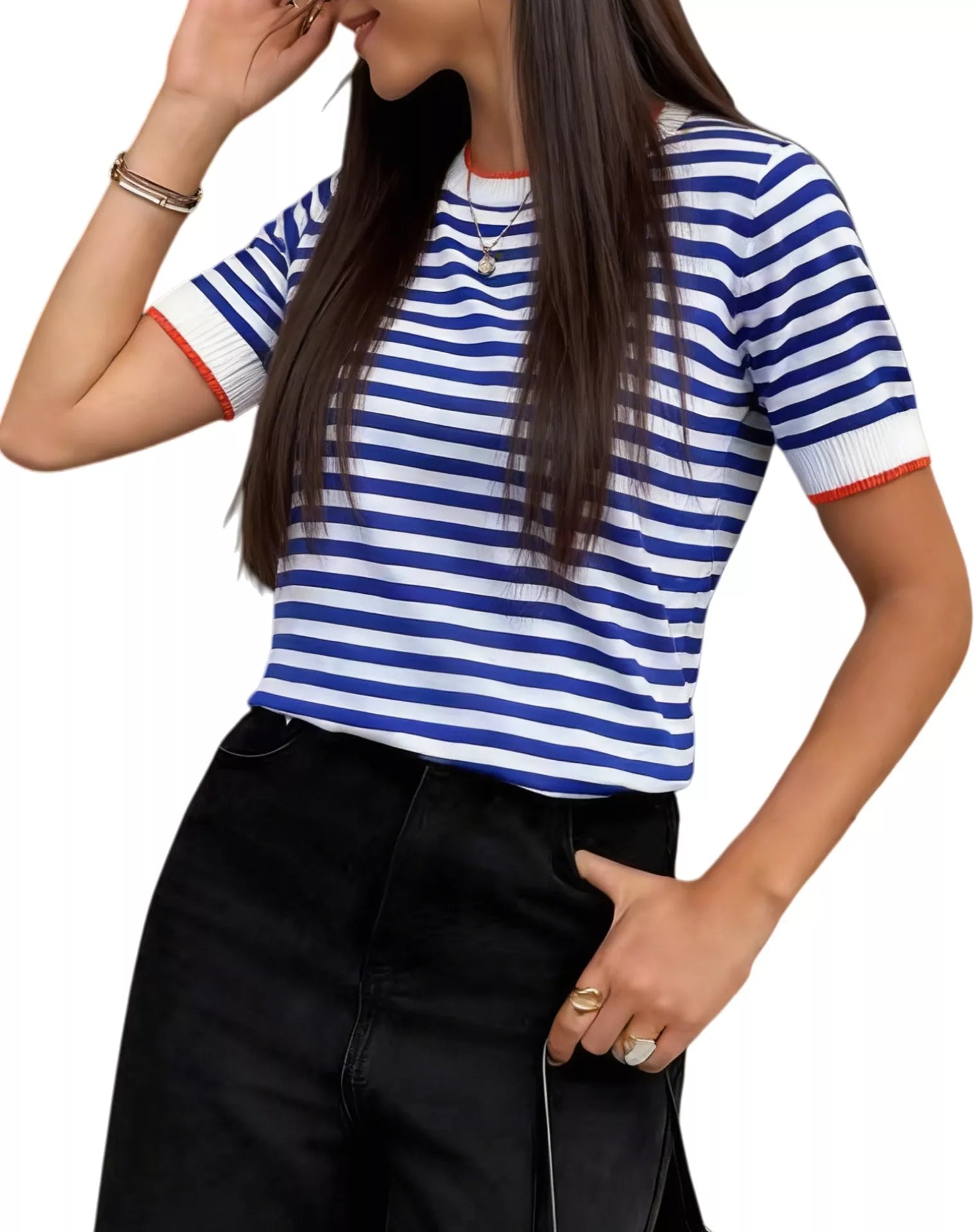 Trendsi Contrast Trim Striped Short Sleeve Knit Top -