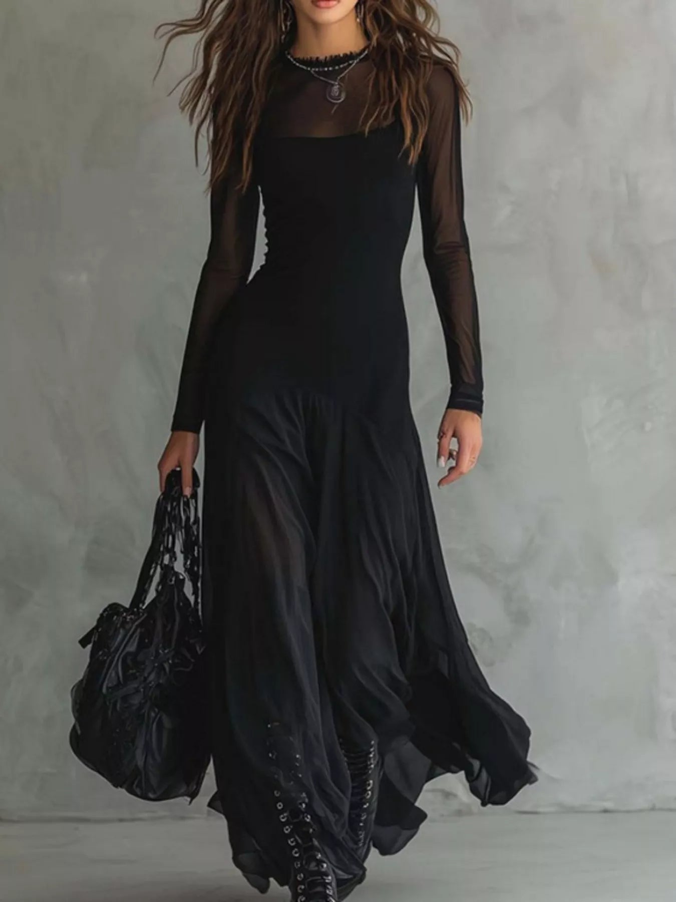 Trendsi Full Size Sheer Mesh Long Sleeve Maxi Dress Plus Size -
