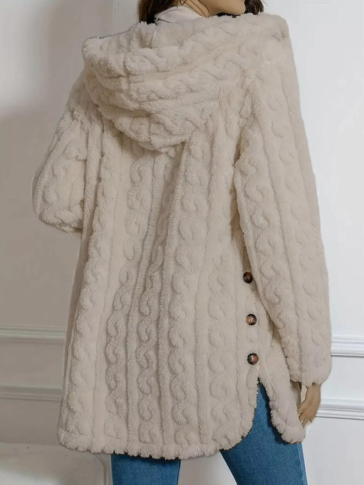 Heather Beige cable knit faux fur hooded jacket, back view