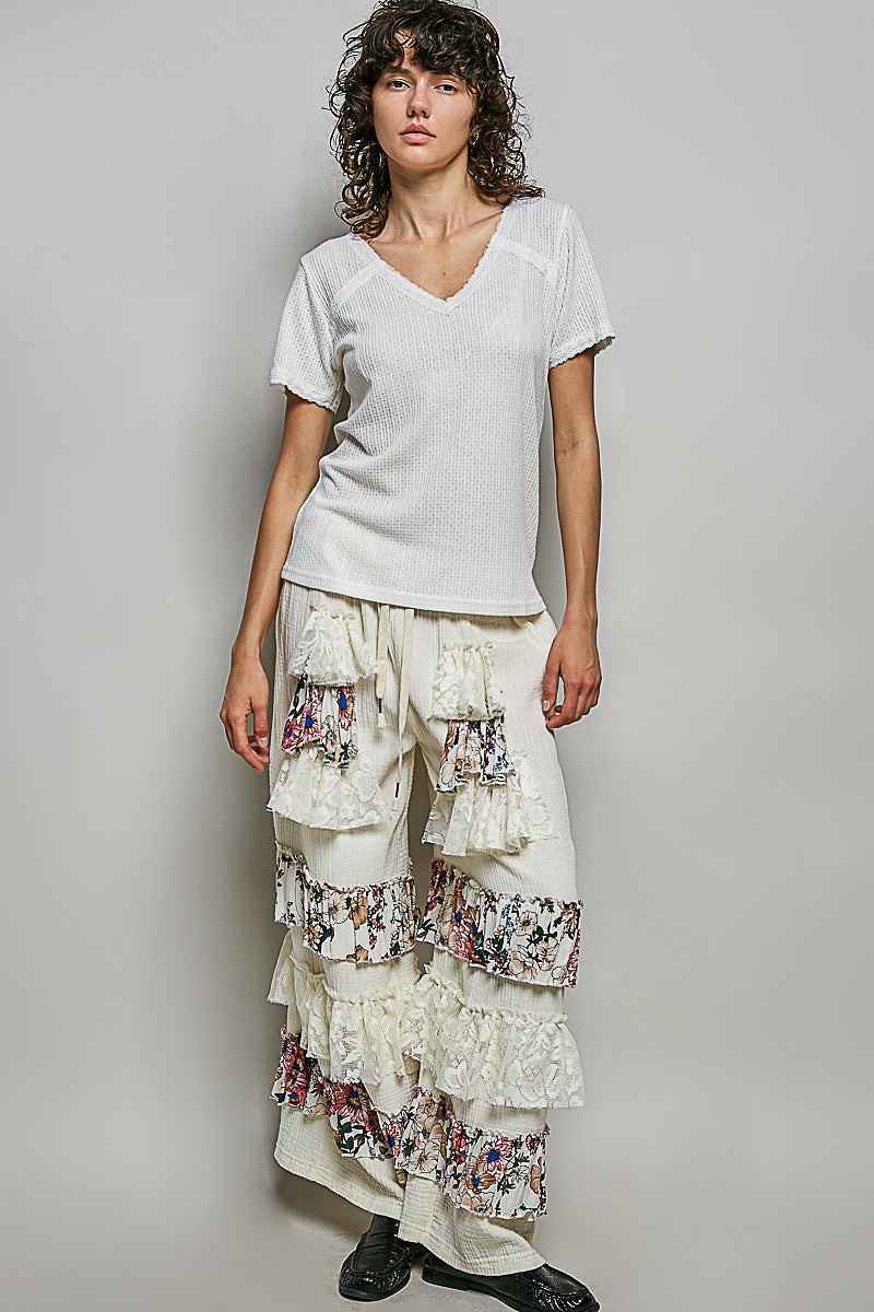 Women's Lace-Detail V-Neck Short Sleeve Textured T-Shirt — product view 5
