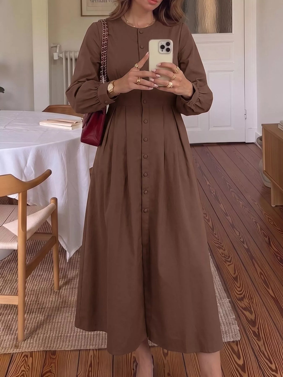 Brown button-down long sleeve midi dress