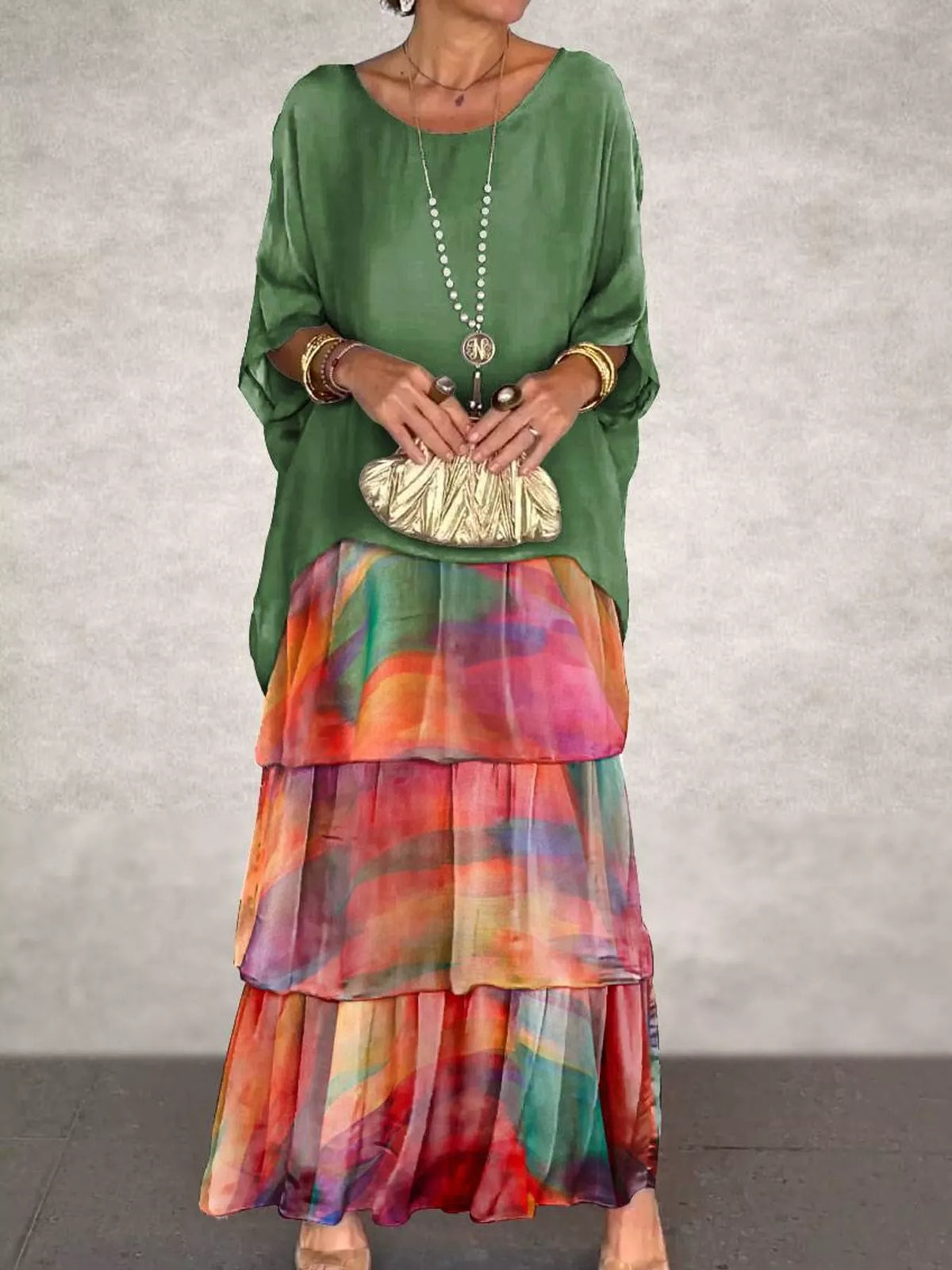 Layered maxi dress, green multicolor front