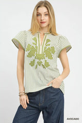 Trendsi Umgee V-Neck Stripe Top with Lace Trim -