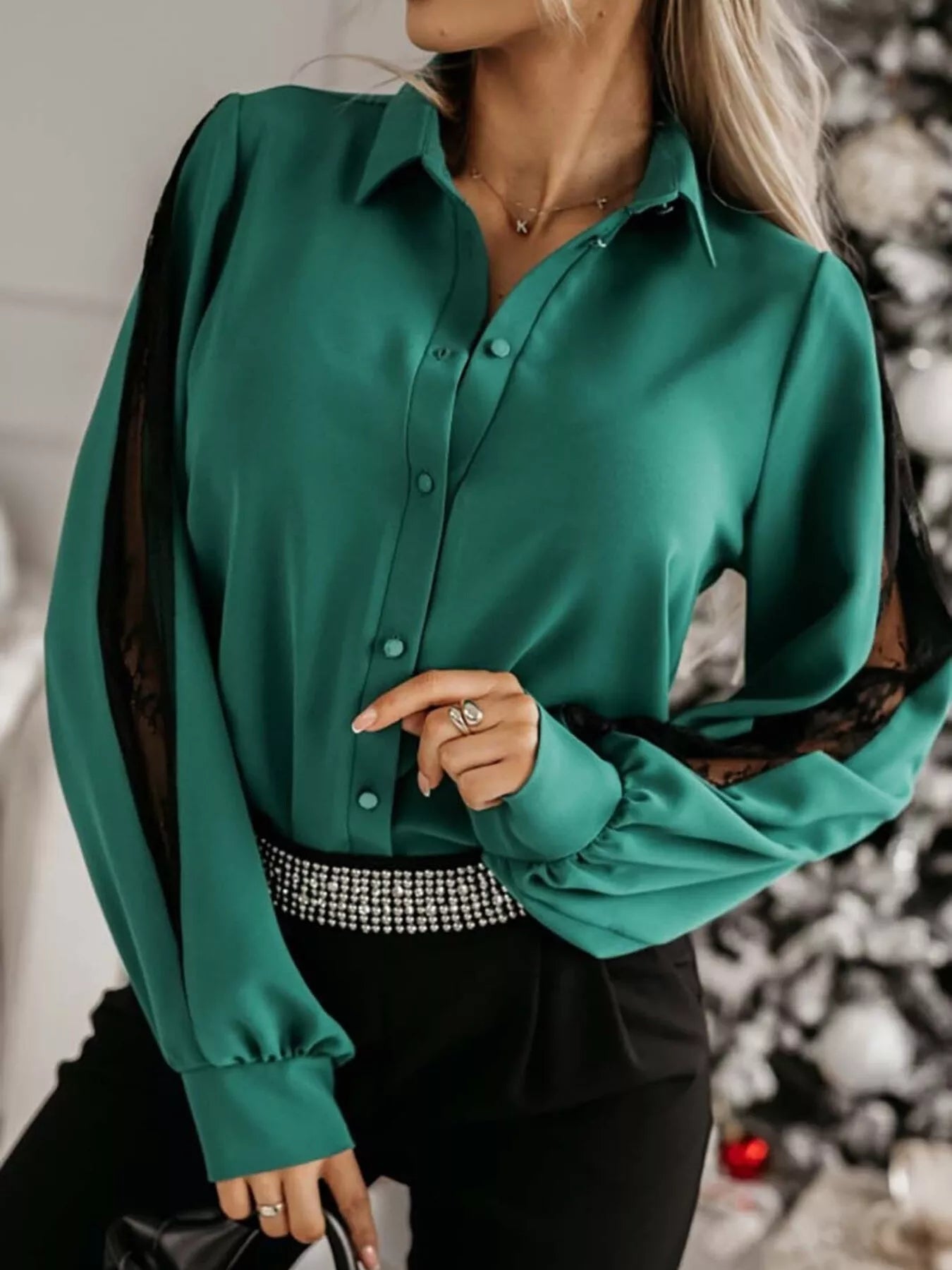 Trendsi Lace-Sleeve Button Up Shirt -