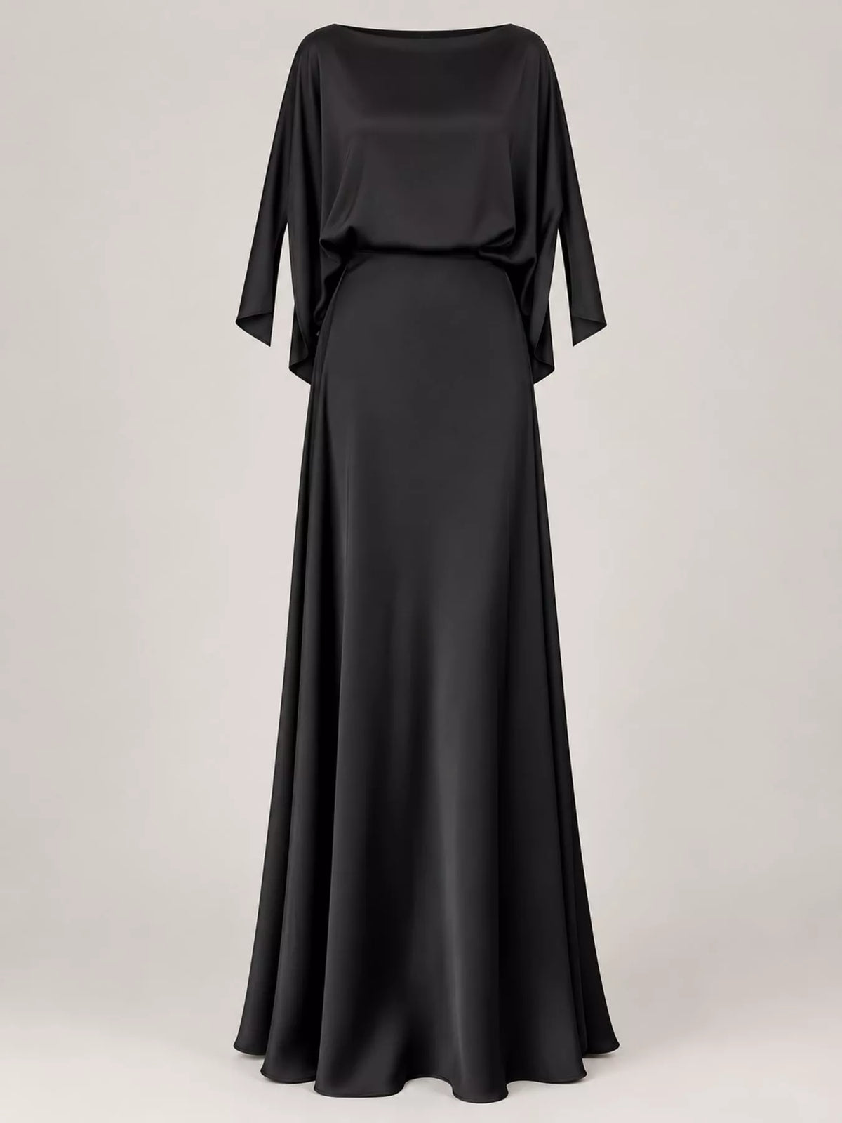 Black satin cape sleeve maxi dress, front view