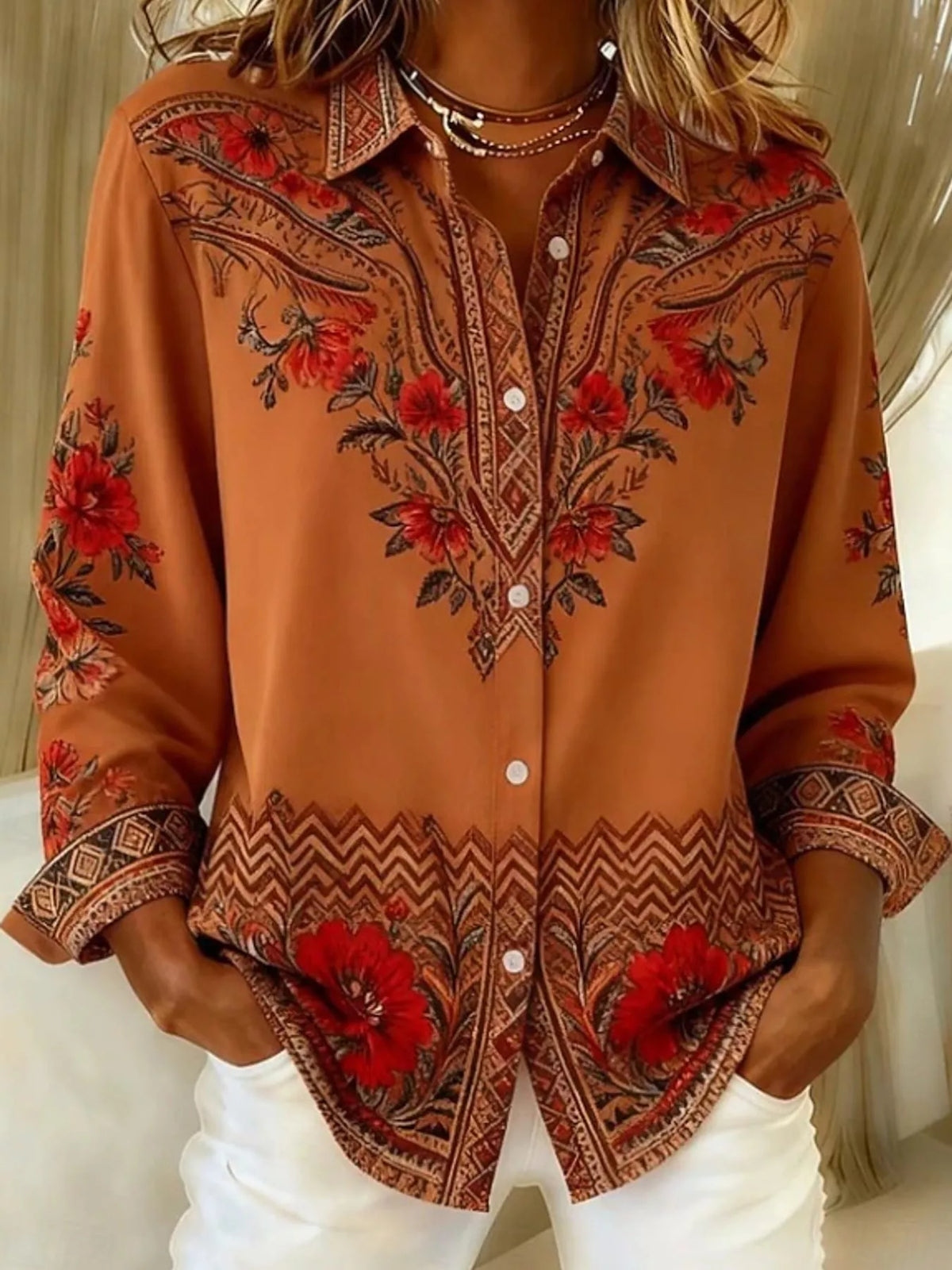 Orange border-print long sleeve shirt