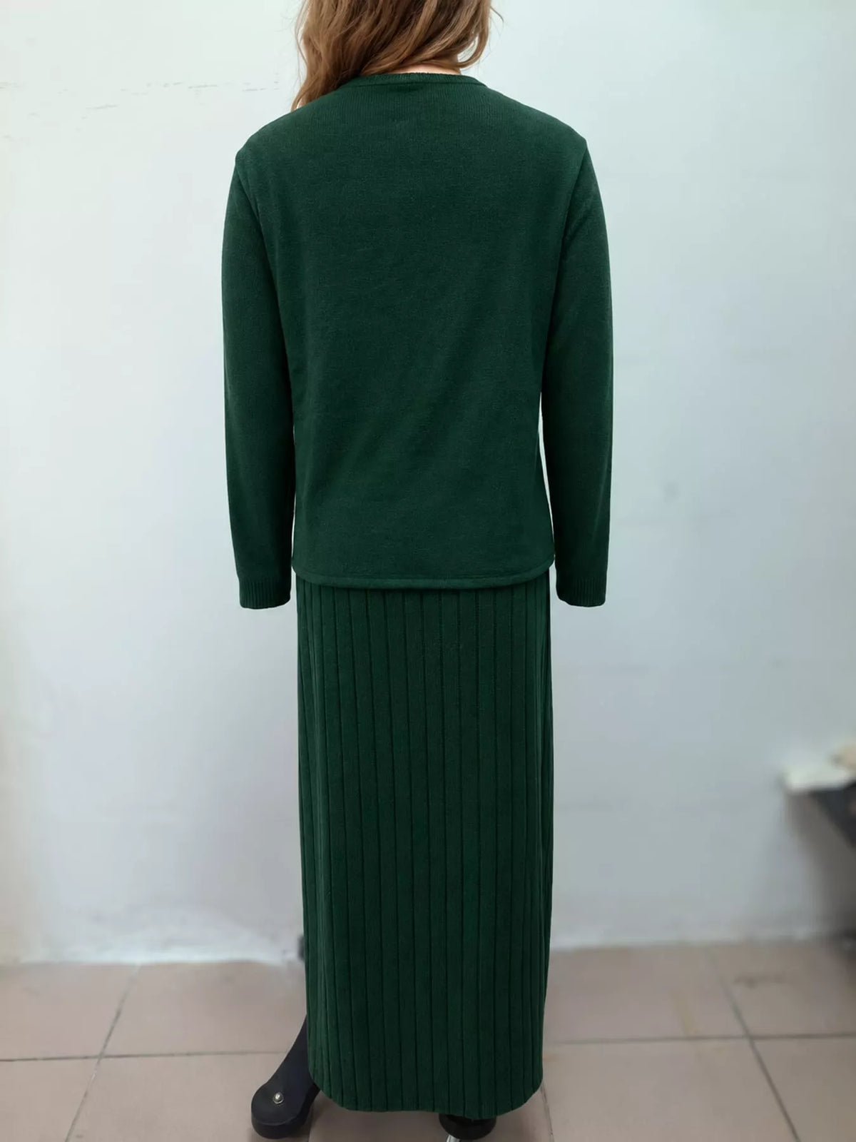 Cardigan and skirt set, back view