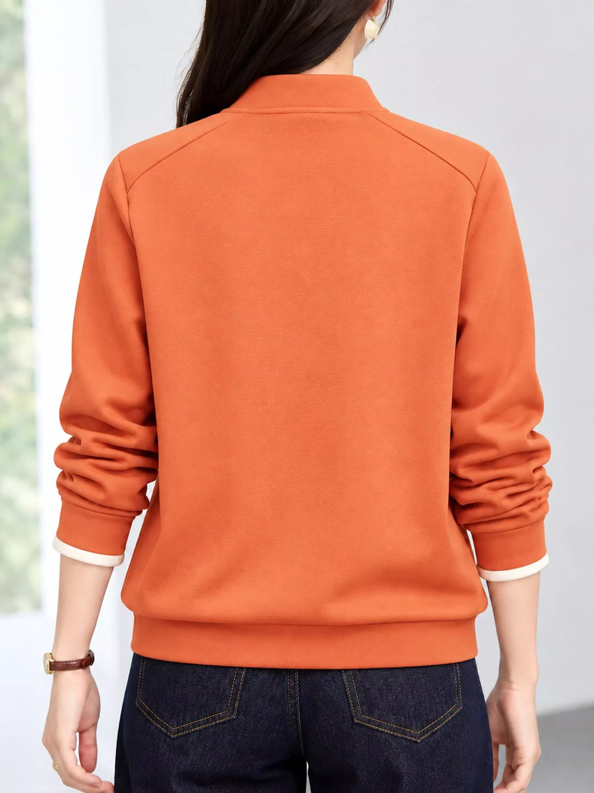 Quarter-Zip Sweatshirt with Contrast Collar, back view in orange