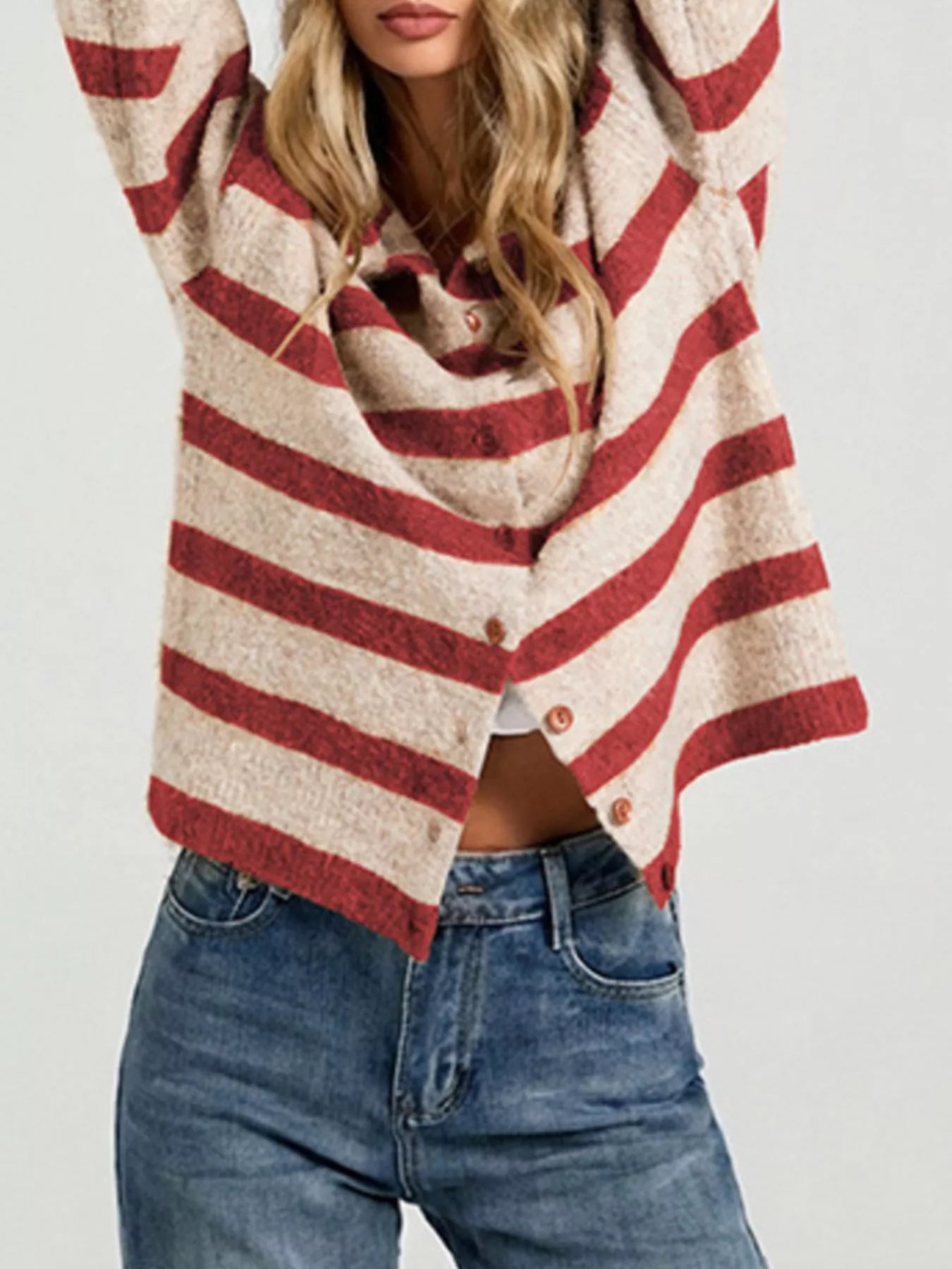 Trendsi Striped Fuzzy Knit Cardigan -
