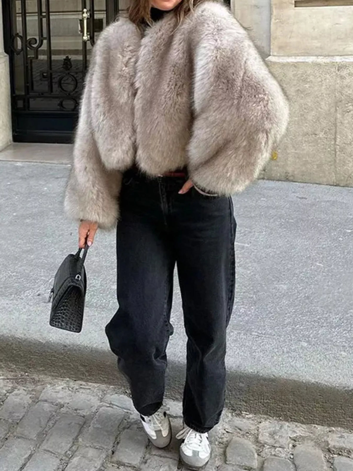 Faux Fur Cropped Coat in beige