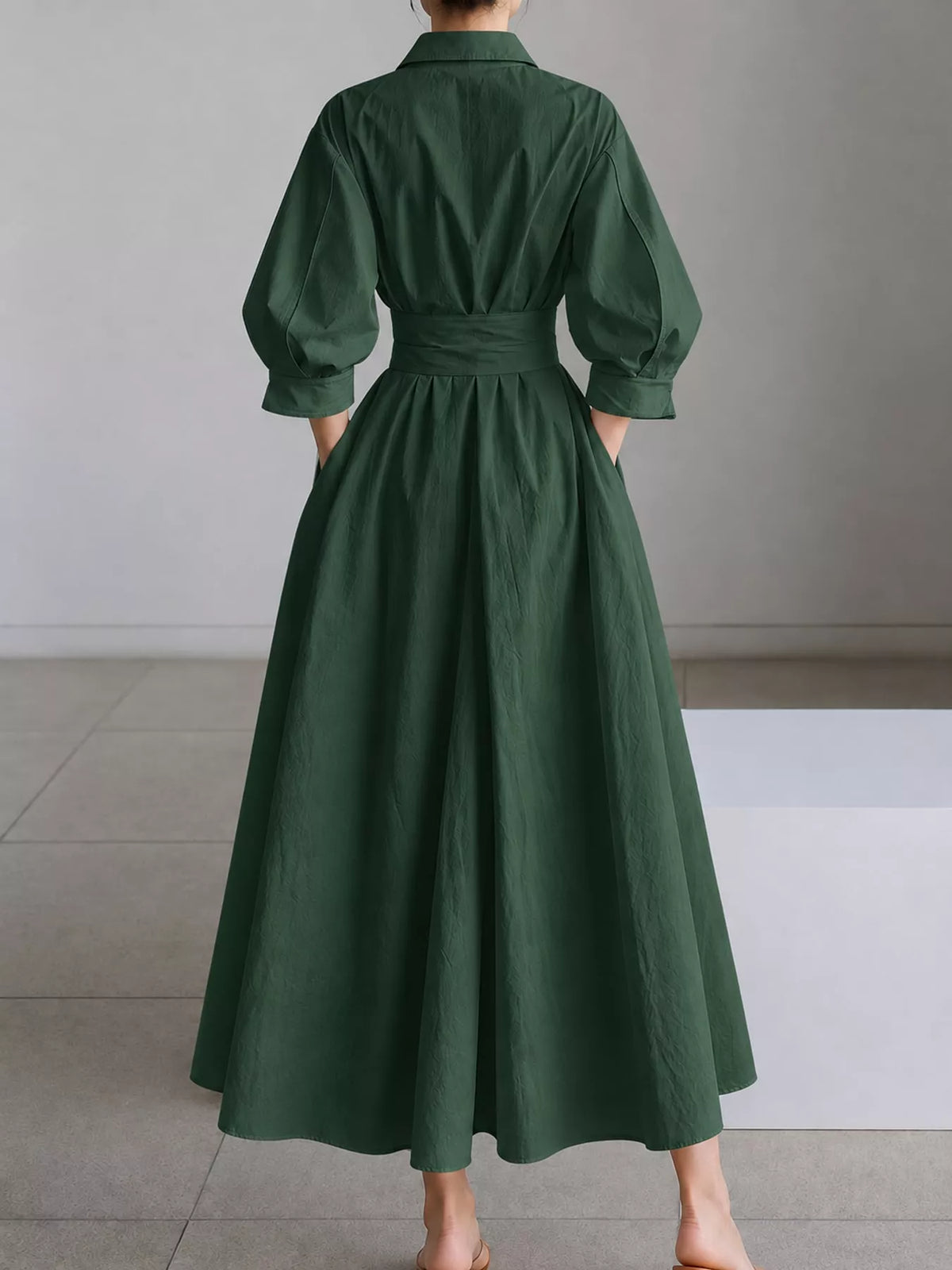 Collared Three-Quarter Sleeve Midi Shirt Dress — back view