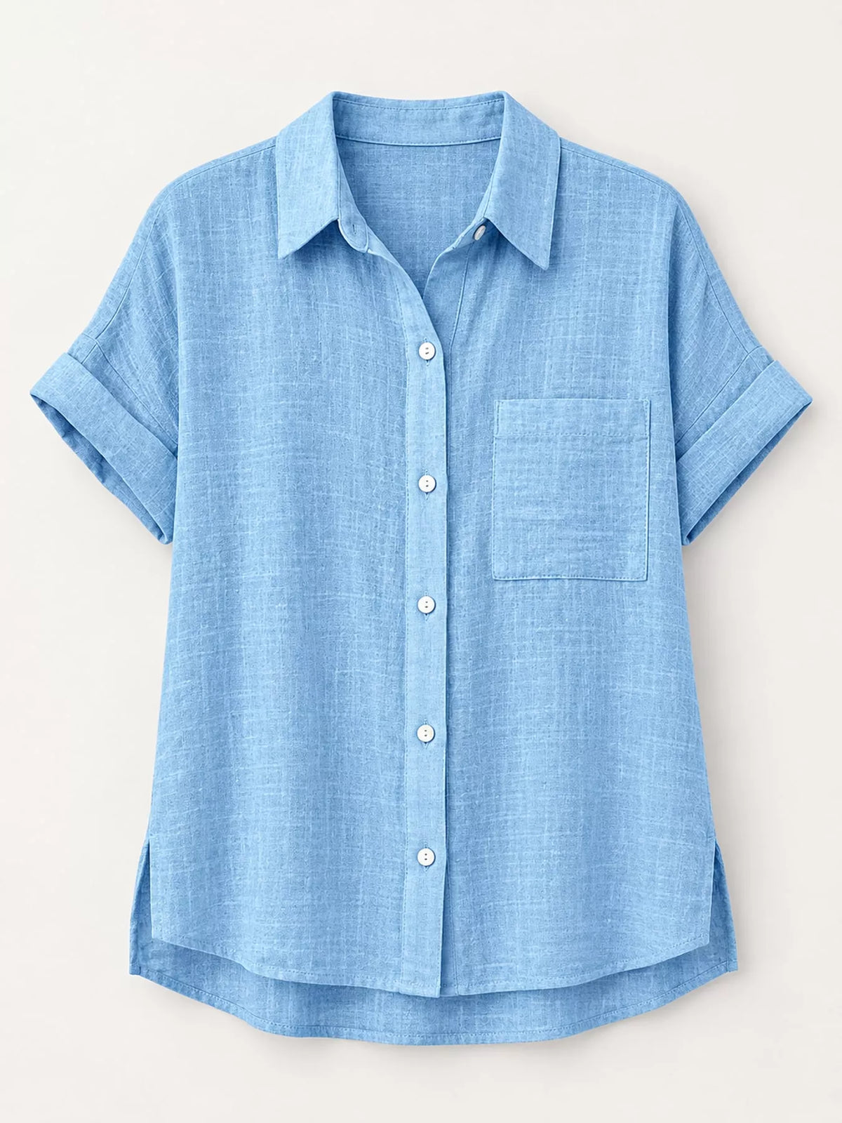 Women's Button Up Short Sleeve Shirt in light blue — flat lay view
