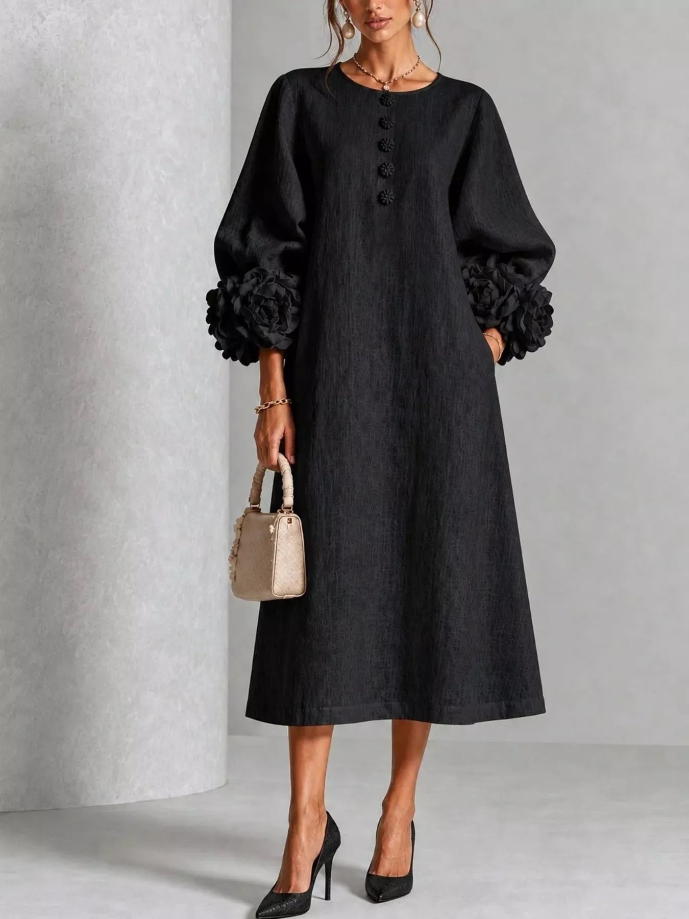 Trendsi 3D Floral Round Neck Midi Dress -