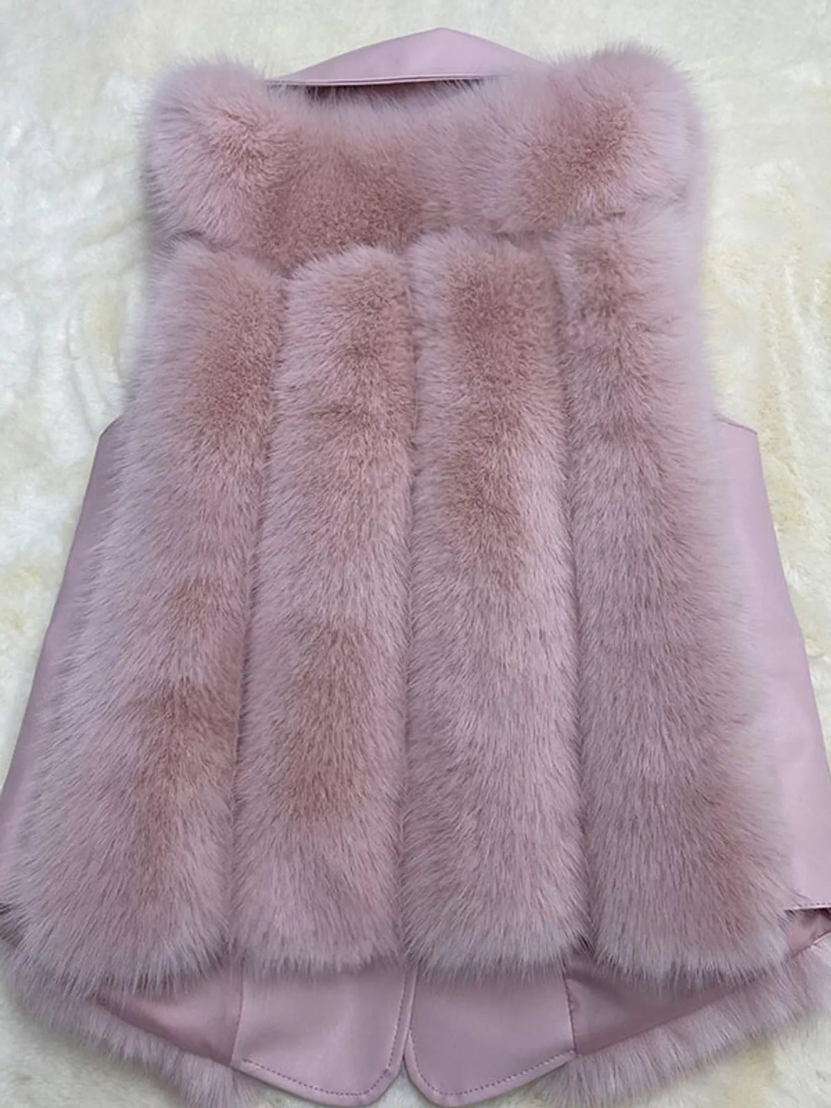 Faux Fur Snap Down Vest Coat, back view in pink