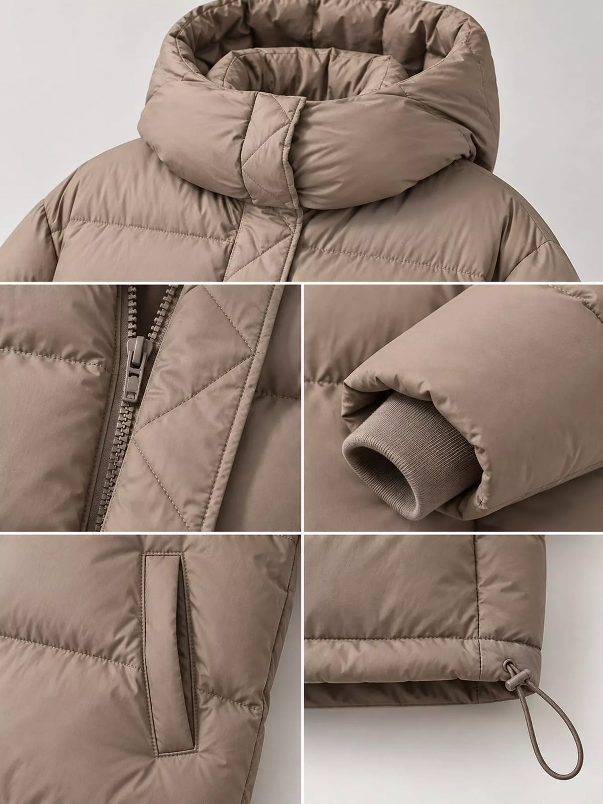 Taupe quilted hooded puffer jacket, hood, cuff and hem collage
