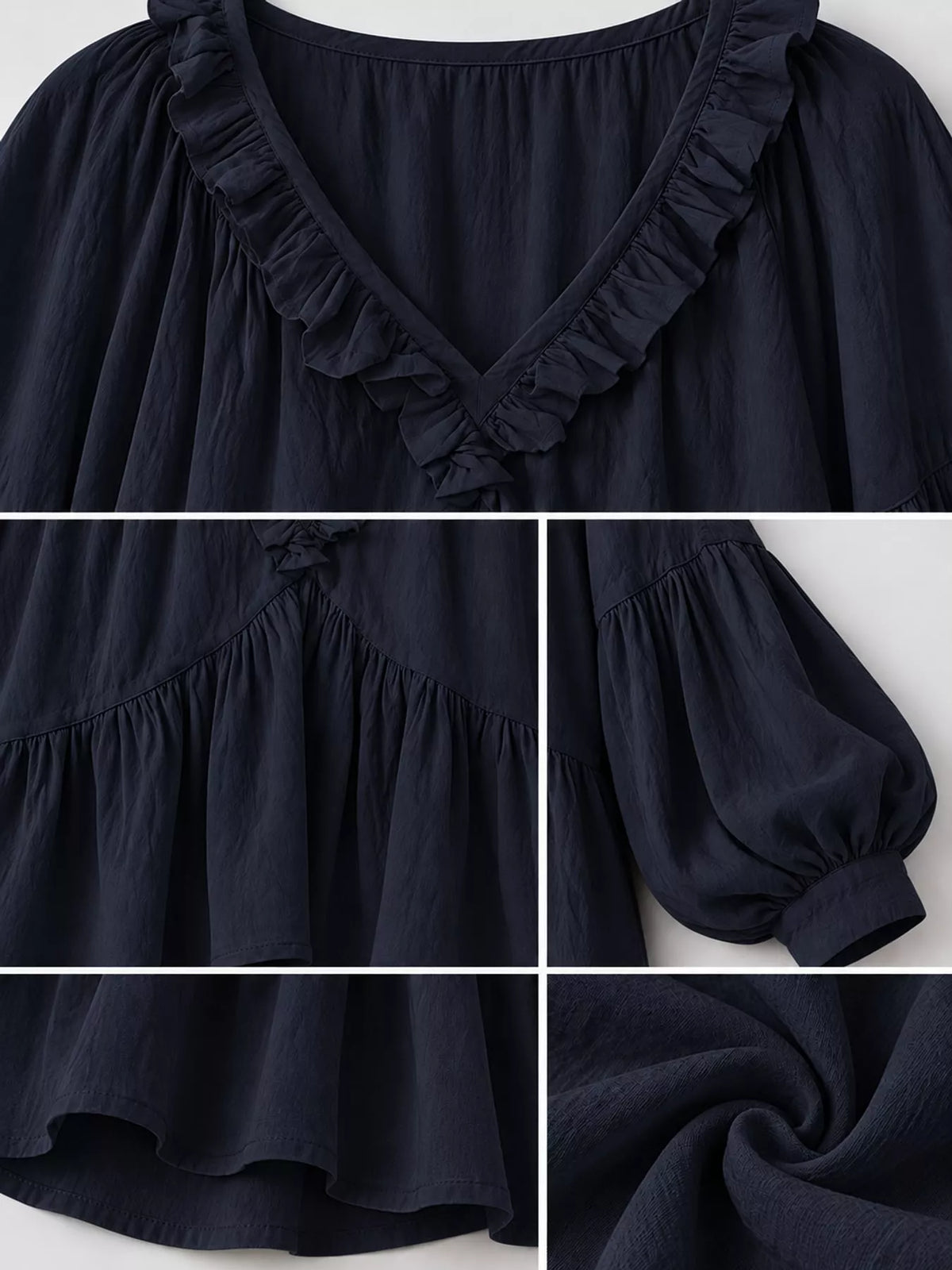 Navy blue ruffled v neck blouse, detail view