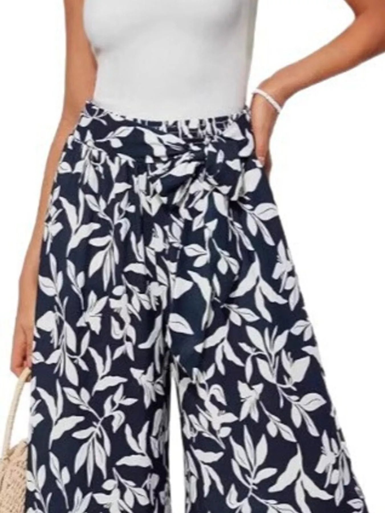 Trendsi Full Size Tie Waist Wide-Leg Printed Pants Plus Size -