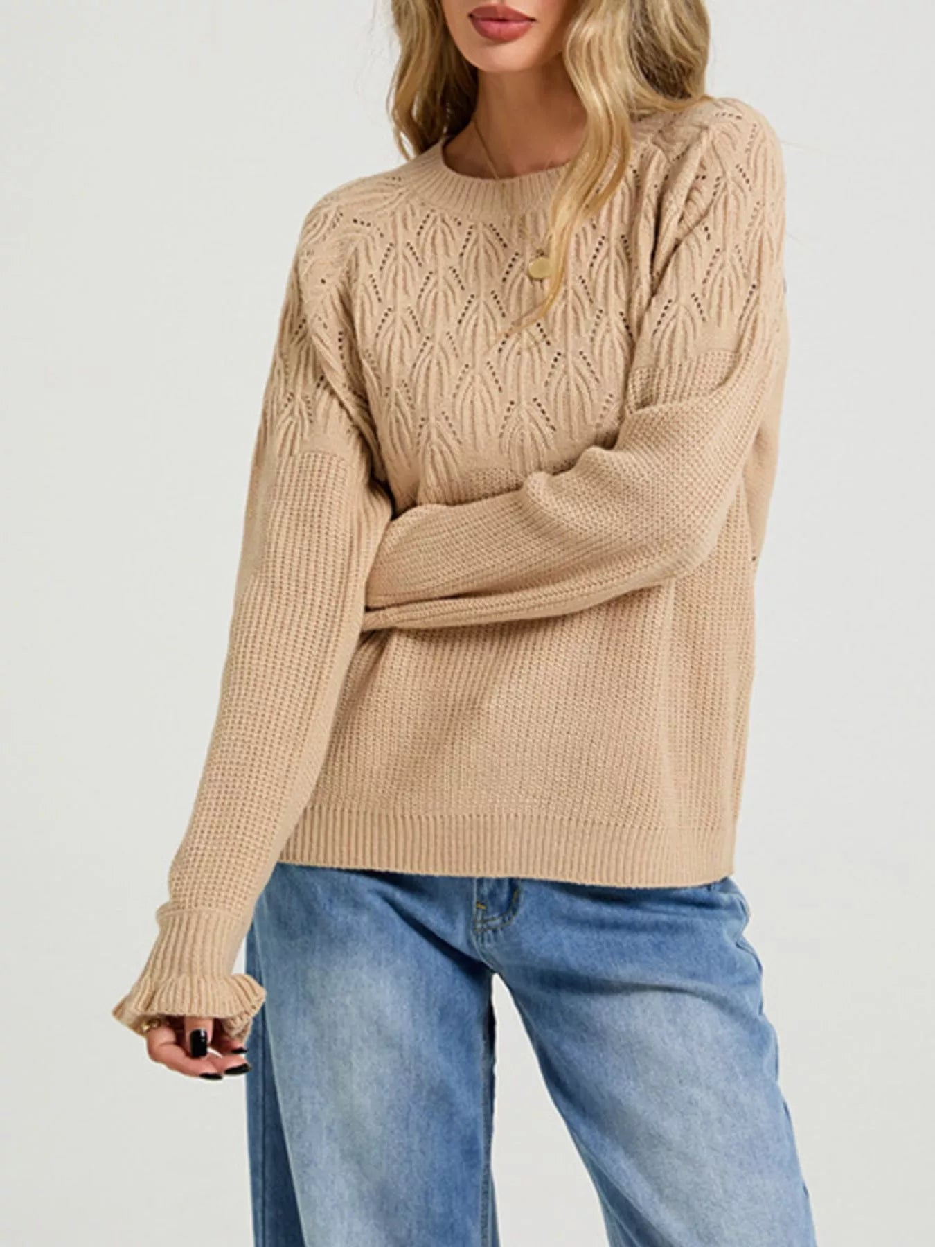Trendsi Pointelle Knit Round Neck Sweater -