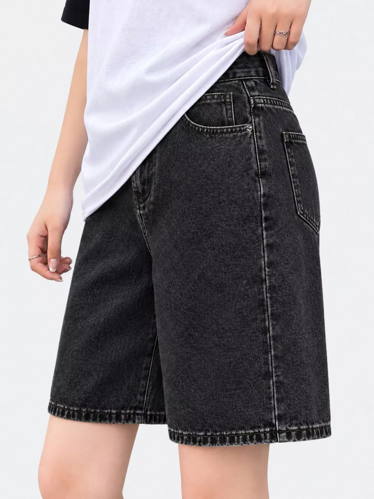 High-Waisted Loose Fit Denim Shorts in black