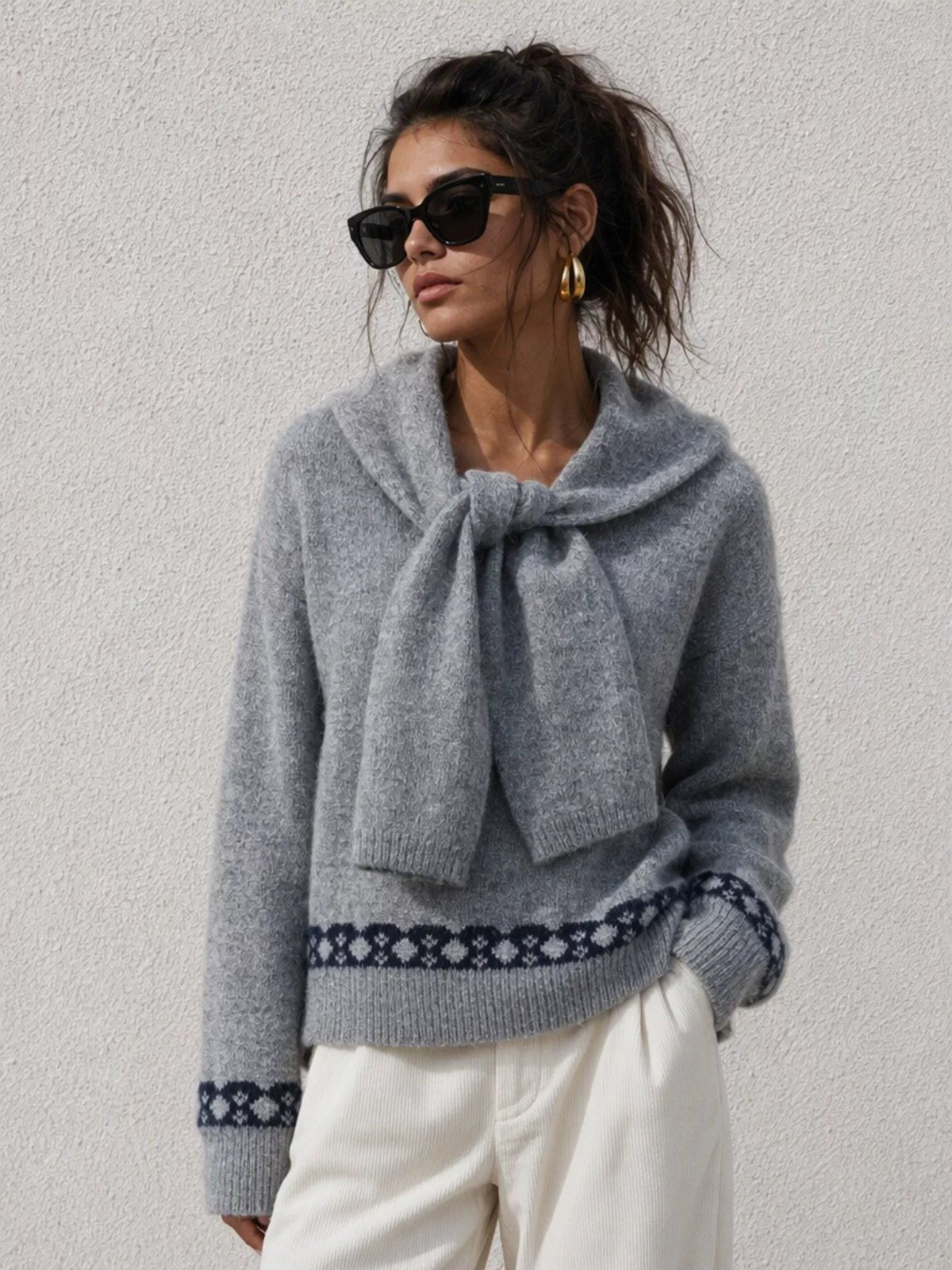 Gray scarf-detail dropped-shoulder sweater, standing front view.