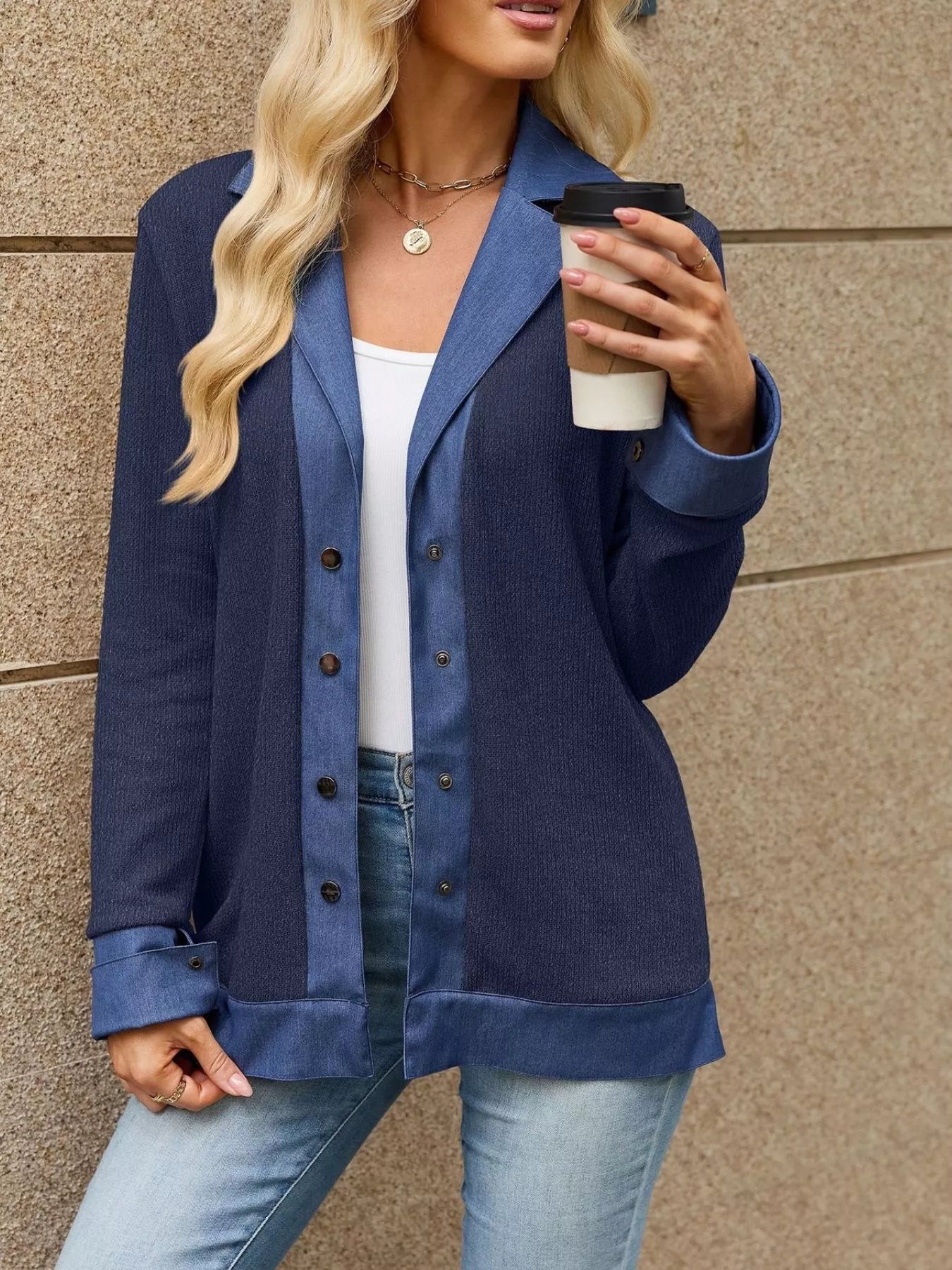 Trendsi Contrast Denim Lapel Collar Outerwear -