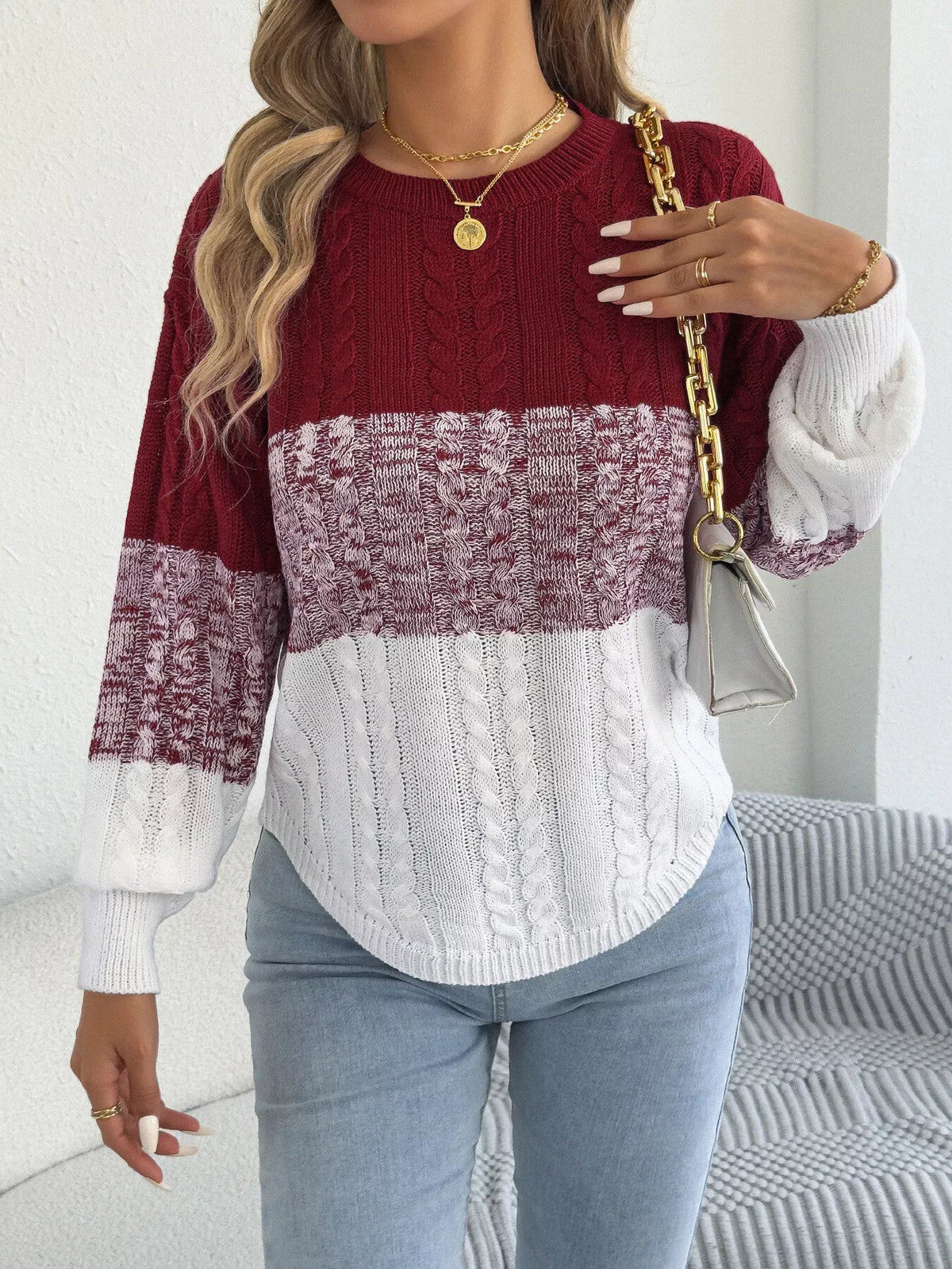 Burgundy and white colorblock cable knit round neck sweater