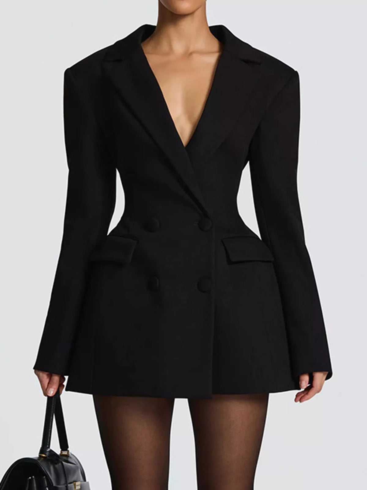 Black double-breasted blazer dress — front view