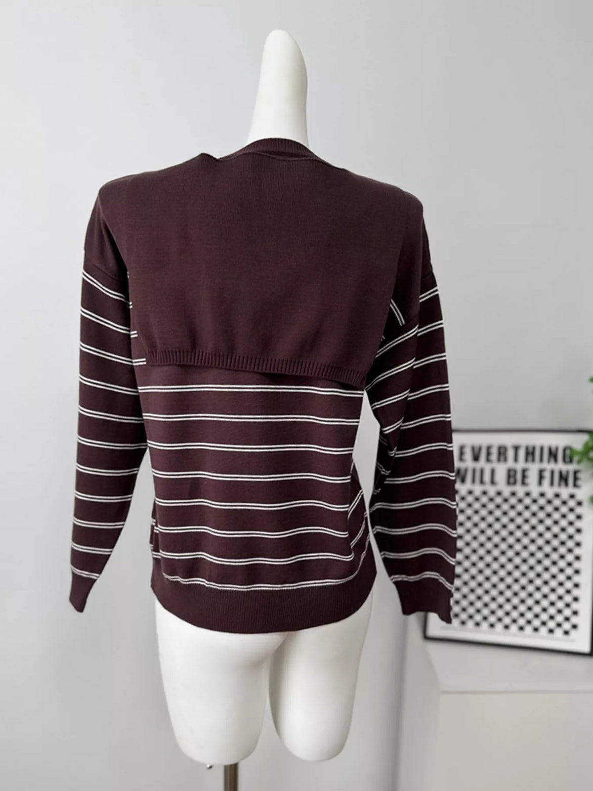 Striped crewneck sweater with layered tie detail in brown, back mannequin view with shoulder layer