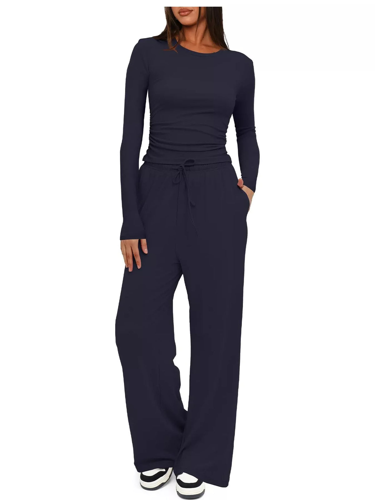 Long Sleeve Ruched Top and Wide-Leg Drawstring Pants Set — front view