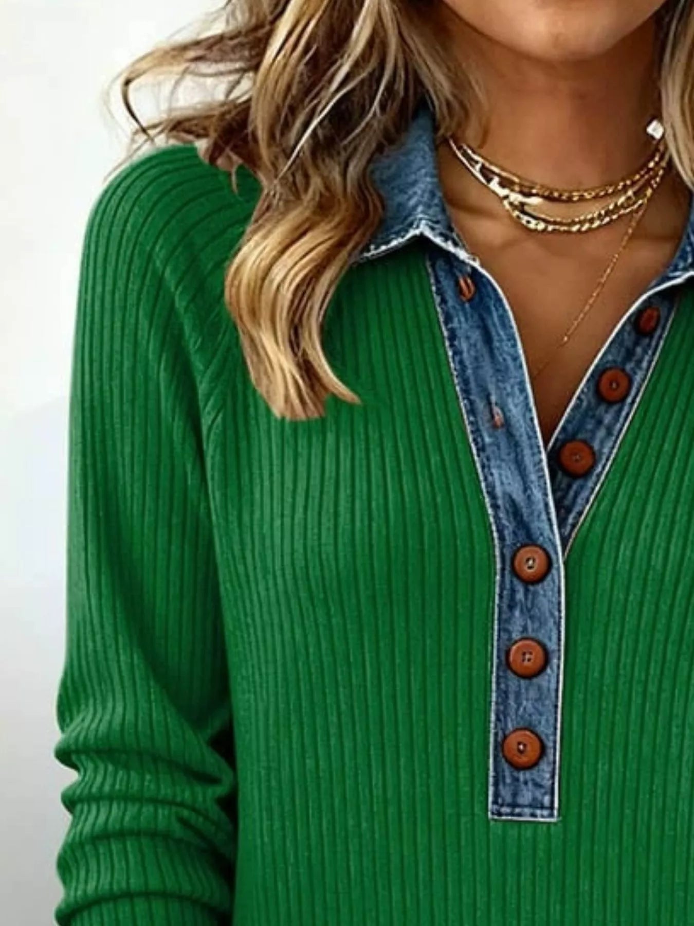 Trendsi Full Size Denim Trim Ribbed Knit Top Plus Size -