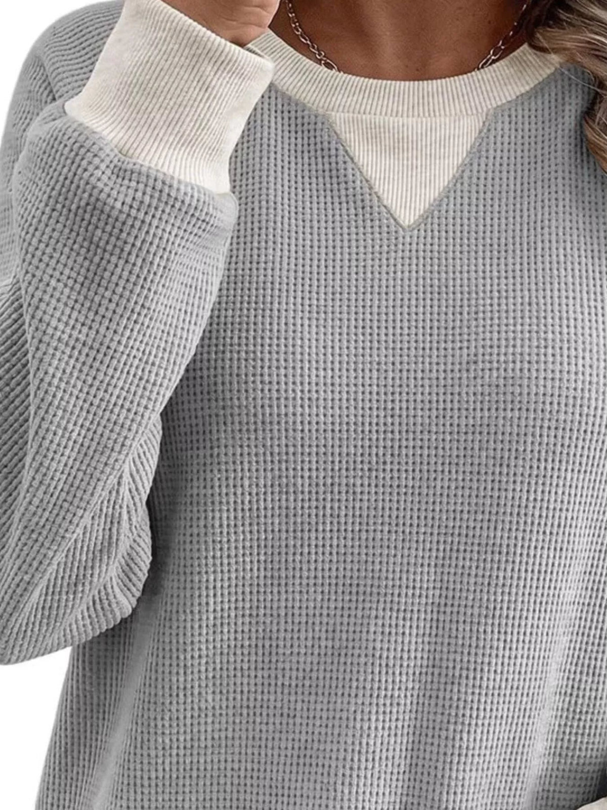 Trendsi Waffle Knit Crew Neck Long Sleeve Sweatshirt -