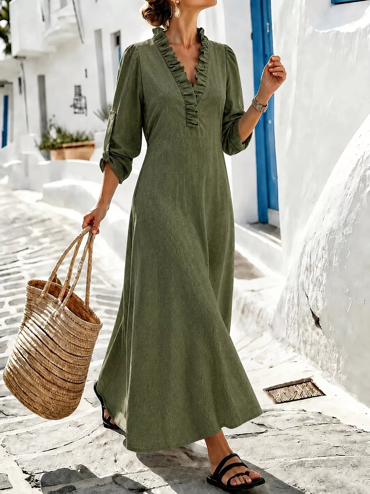 Frill-trim maxi dress, olive front