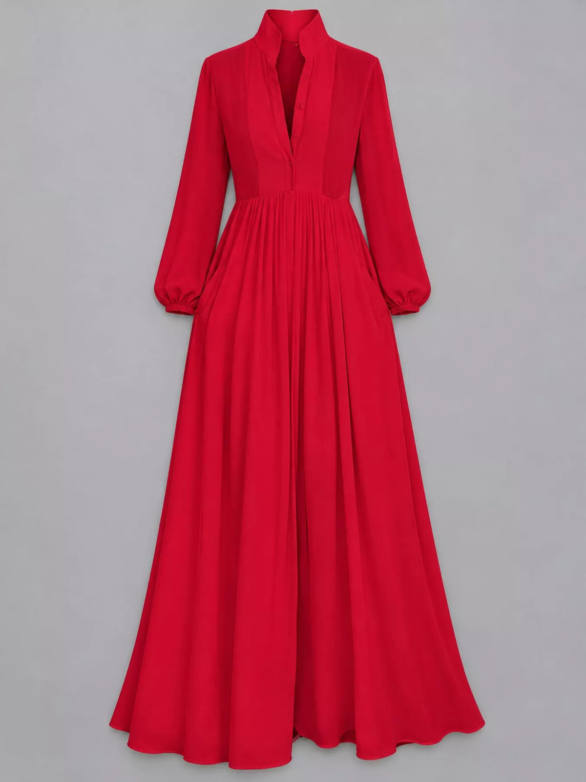 Red long sleeve button-front maxi dress, product view