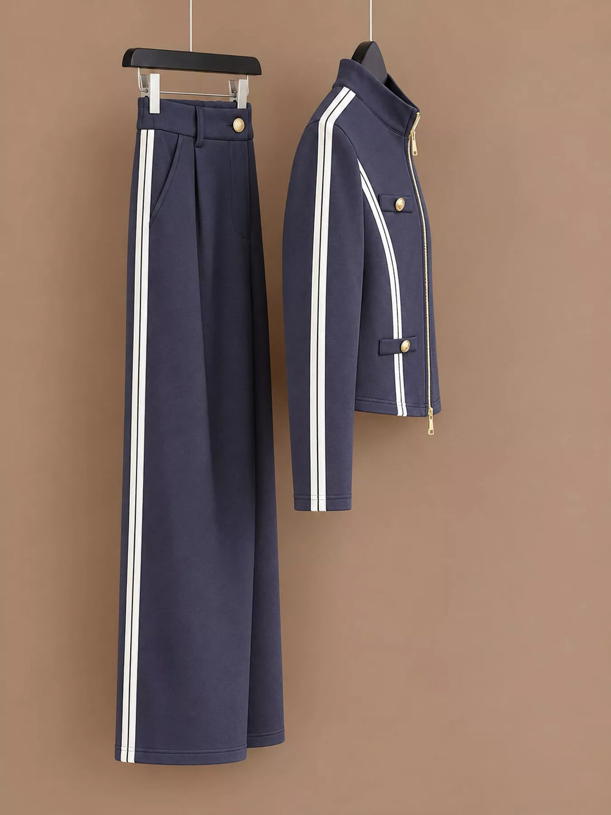 Zip-Up Jacket and Wide-Leg Pants Set in navy blue