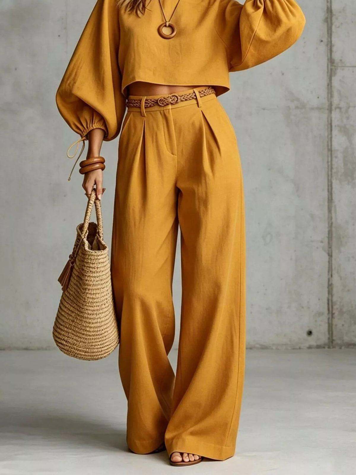 Cropped blouse and pants set, mustard pants detail