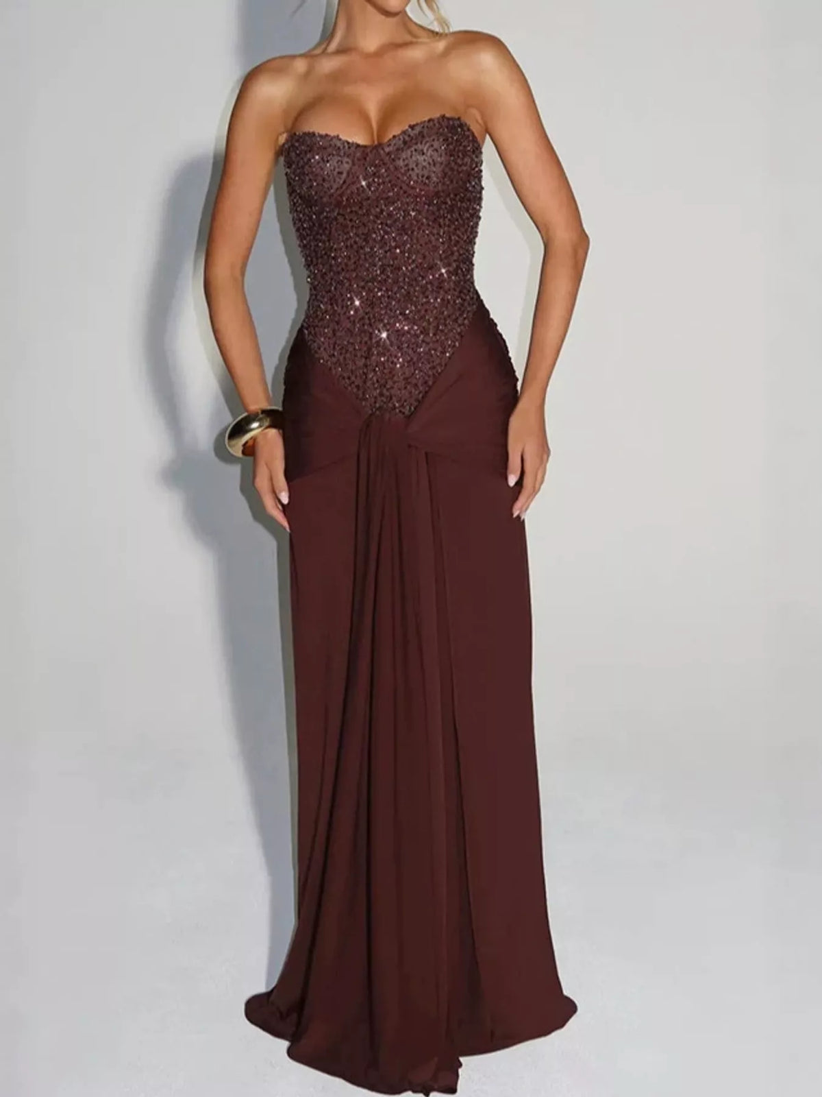 Strapless Sequin Corset Maxi Dress, front view