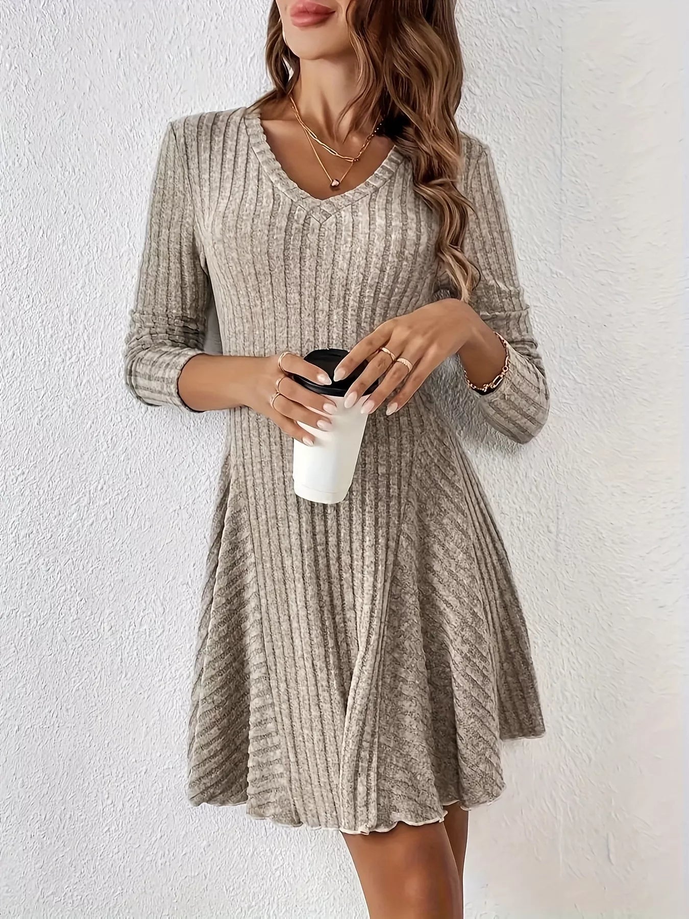 Trendsi V-Neck Ribbed Knit Flared Knit Dress -