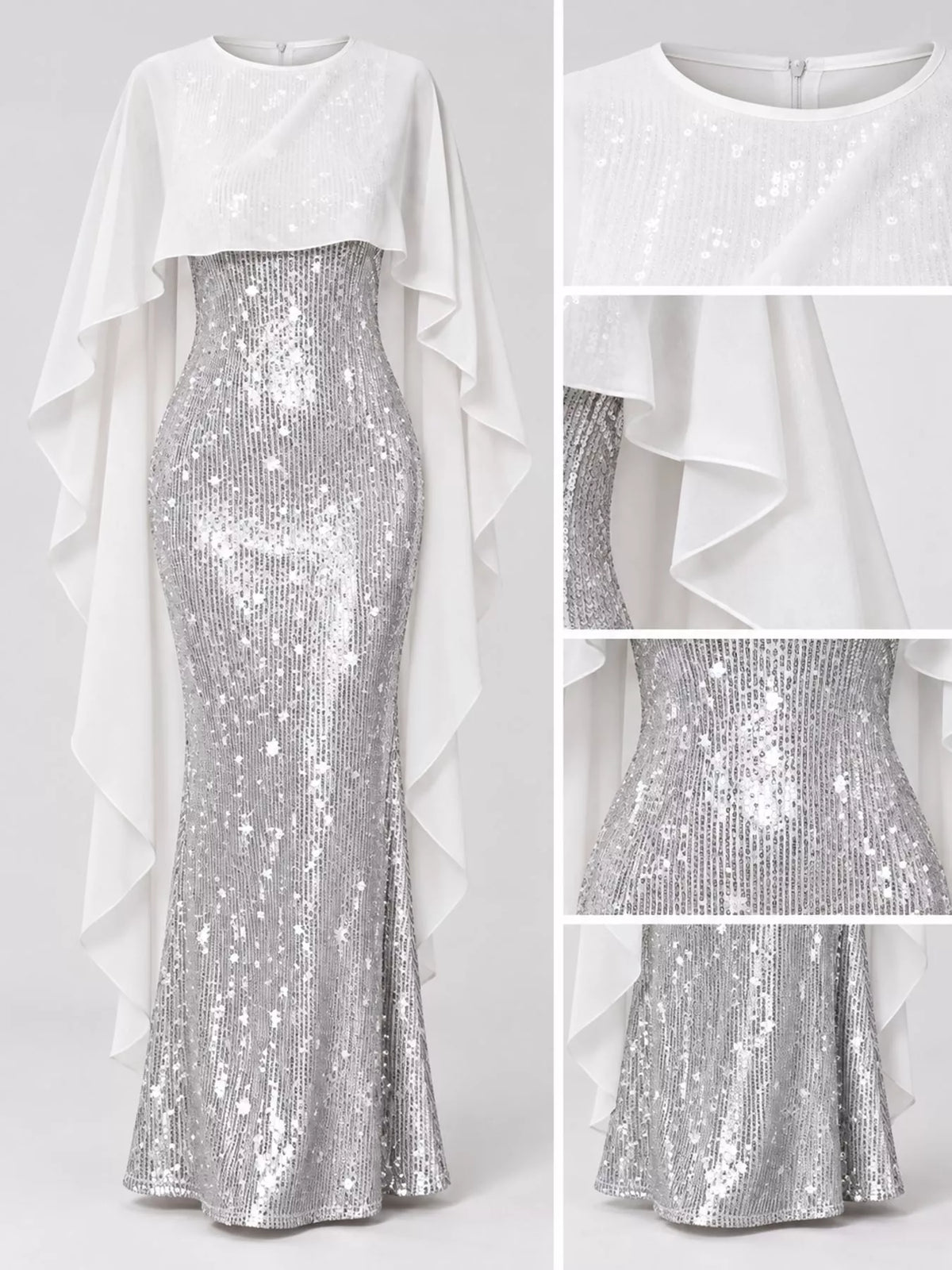 Women's Sequin Cape Overlay Evening Dress in silver — detail collage view