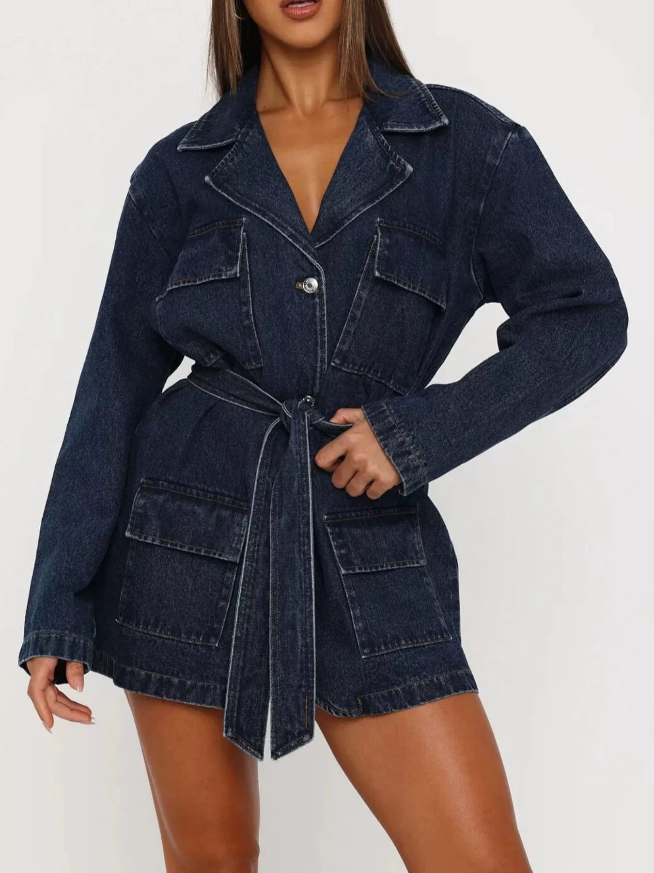Trendsi Long Sleeve Longline Denim Jacket with Belt -