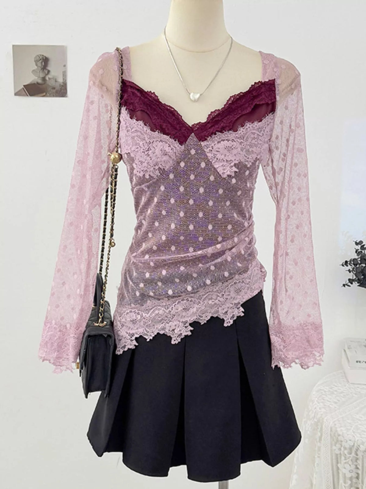 Vintage Lace Contrast Blouse with Polka Dot Mesh Sleeves in purple