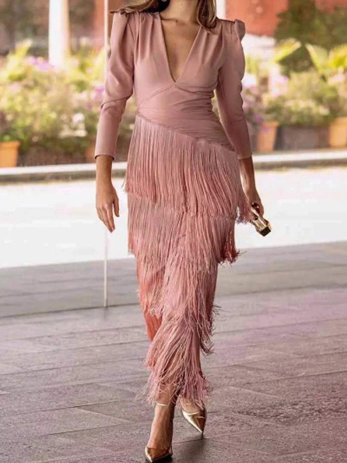 Women's Fringed V-Neck Puff Sleeve Midi Dress in pink — front view