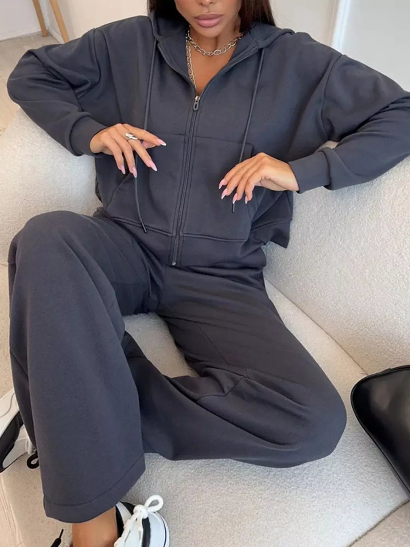 Trendsi Zip-Up Hoodie and Wide-Leg Pants Set -