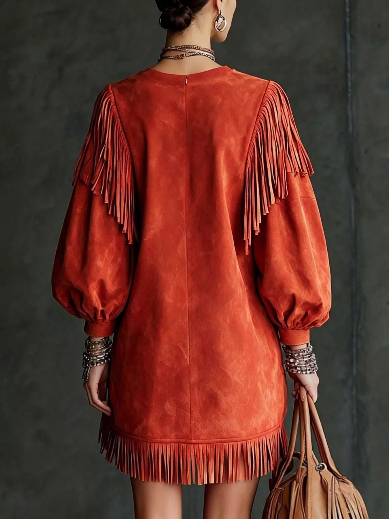 Trendsi Fringe Detail Lantern Sleeve Mini Dress -
